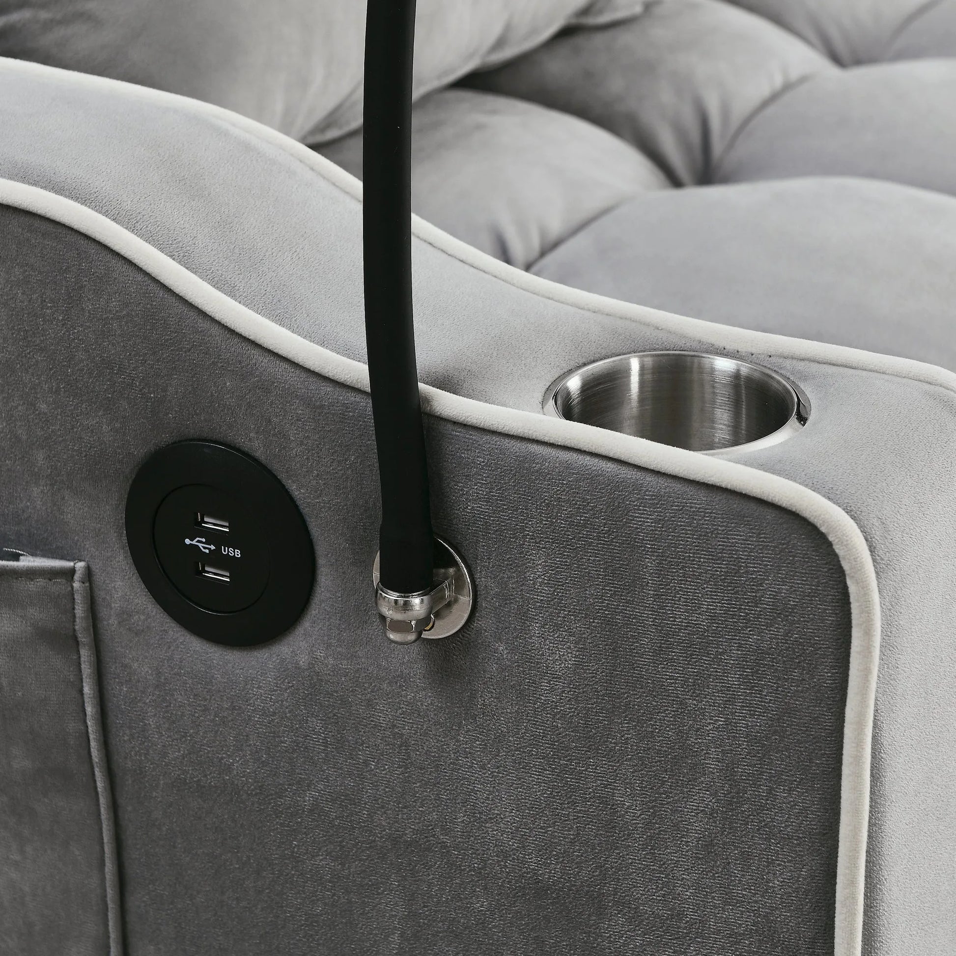 55.51 inch versatile foldable sofa bed in 3 lengths, modern sofa sofa sofa velvet pull-out bed, adjustable back and with USB port and ashtray and swivel phone stand (Grey) detail view 6