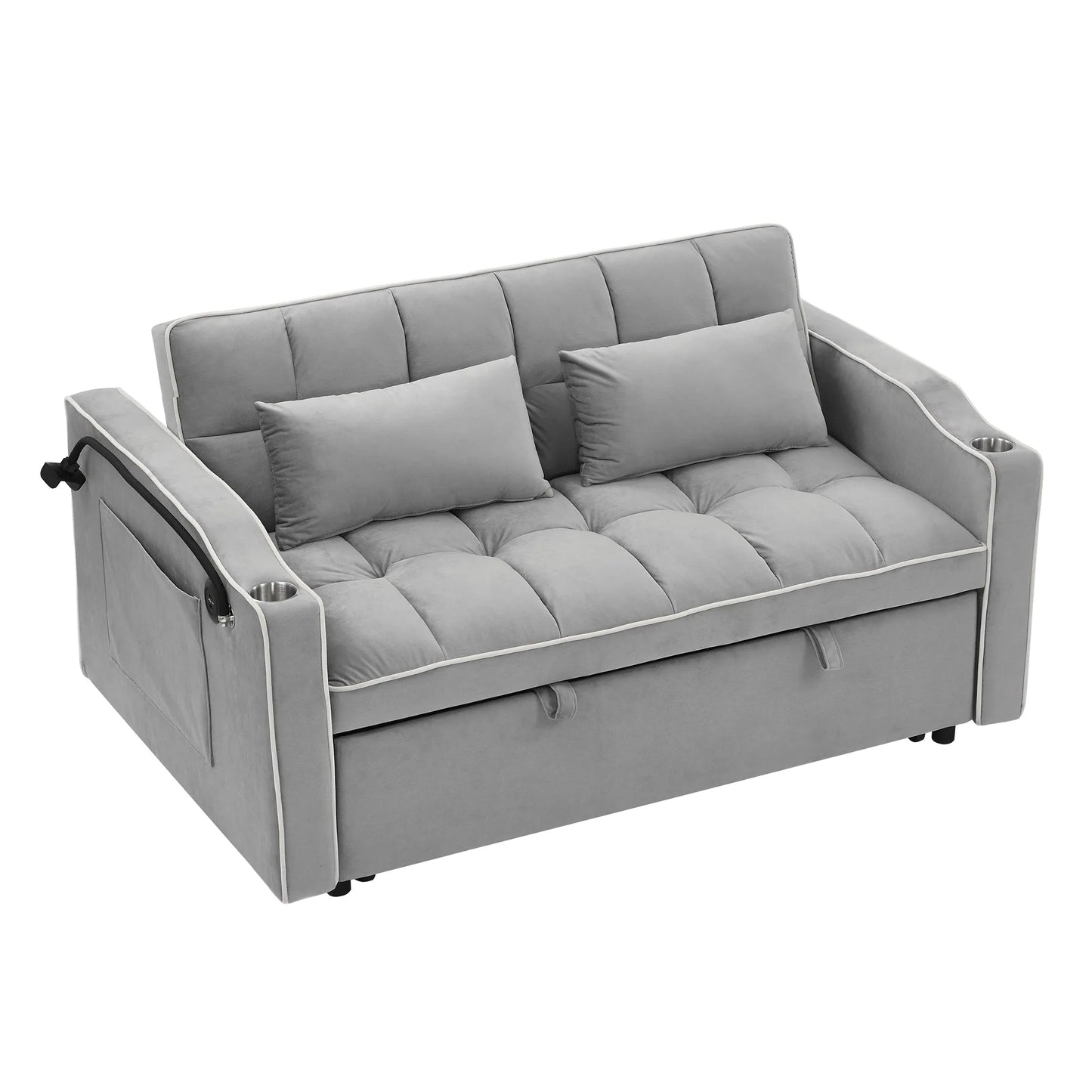 55.51 inch versatile foldable sofa bed in 3 lengths, modern sofa sofa sofa velvet pull-out bed, adjustable back and with USB port and ashtray and swivel phone stand (Grey) detail view 7