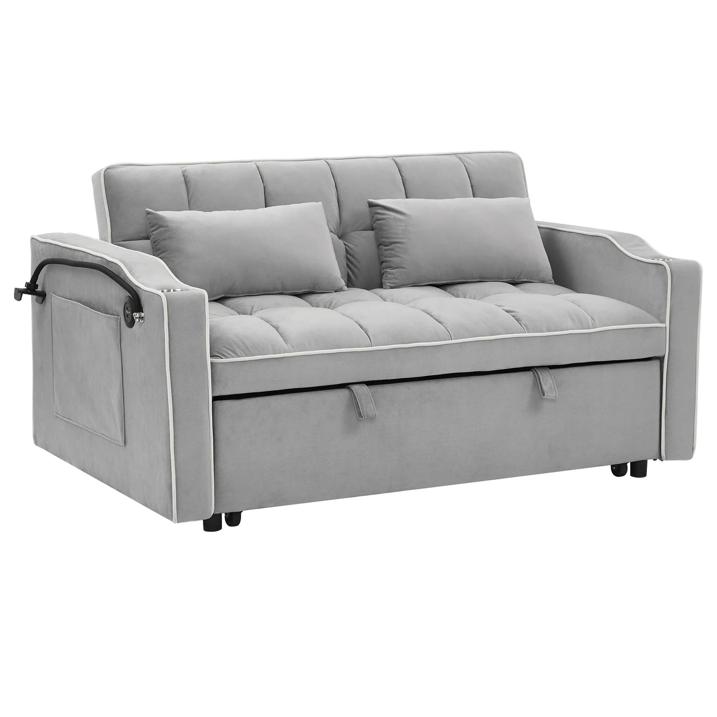 55.51 inch versatile foldable sofa bed in 3 lengths, modern sofa sofa sofa velvet pull-out bed, adjustable back and with USB port and ashtray and swivel phone stand (Grey) detail view 8