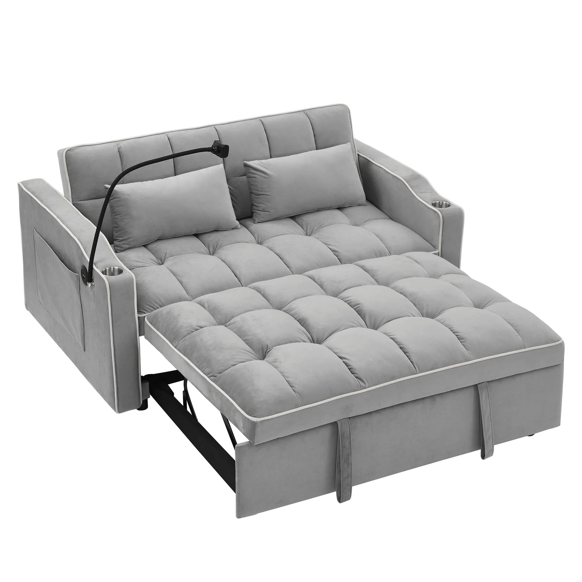 55.51 inch versatile foldable sofa bed in 3 lengths, modern sofa sofa sofa velvet pull-out bed, adjustable back and with USB port and ashtray and swivel phone stand (Grey) detail view 10