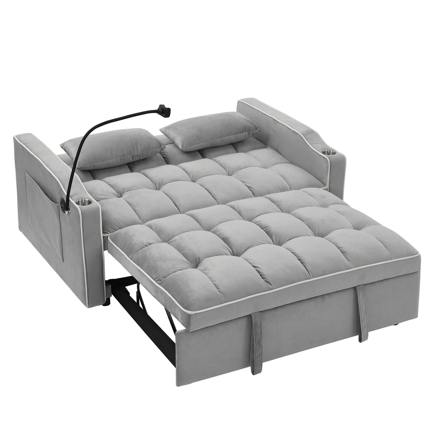 55.51 inch versatile foldable sofa bed in 3 lengths, modern sofa sofa sofa velvet pull-out bed, adjustable back and with USB port and ashtray and swivel phone stand (Grey) detail view 11