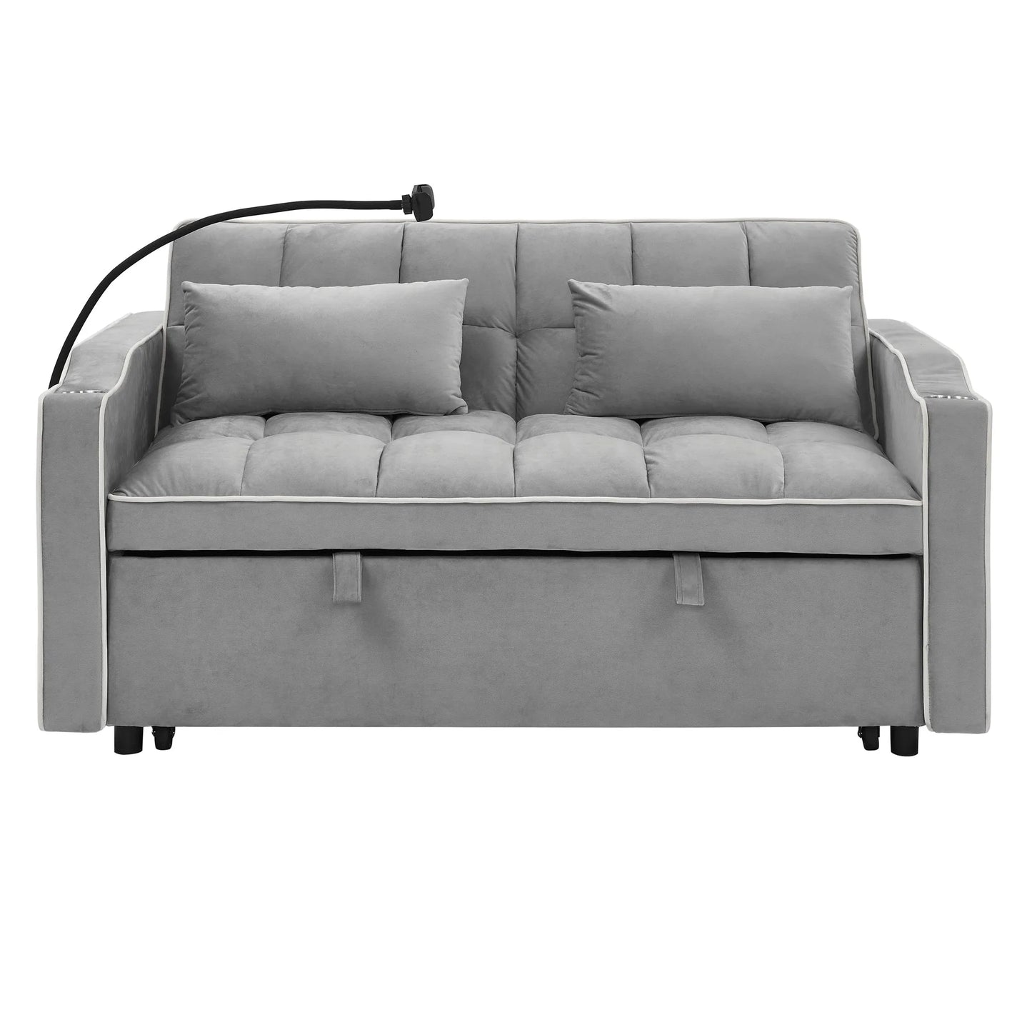 55.51 inch versatile foldable sofa bed in 3 lengths, modern sofa sofa sofa velvet pull-out bed, adjustable back and with USB port and ashtray and swivel phone stand (Grey) detail view 12