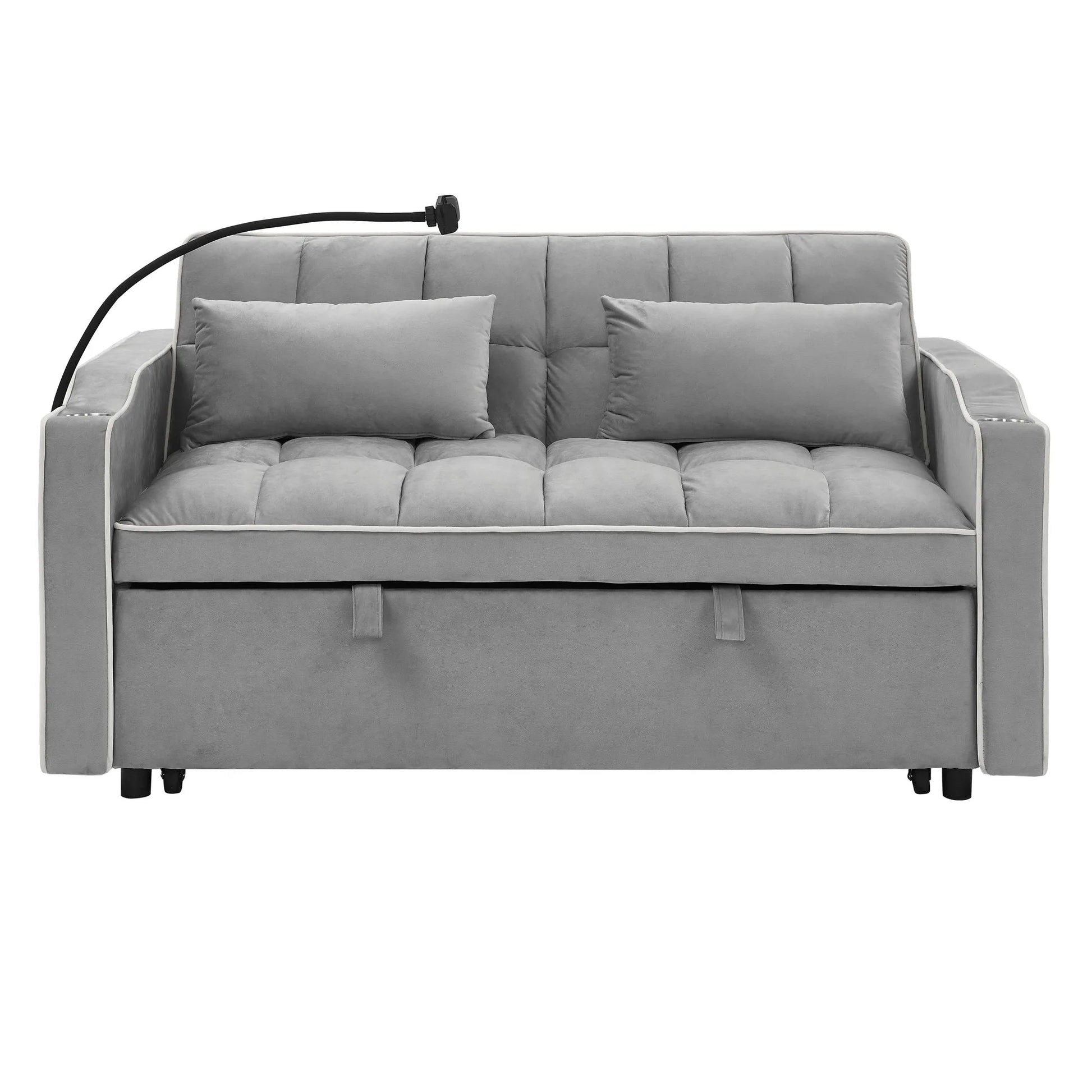 55.51 inch versatile foldable sofa bed in 3 lengths, modern sofa sofa sofa velvet pull-out bed, adjustable back and with USB port and ashtray and swivel phone stand (Grey) detail view 12