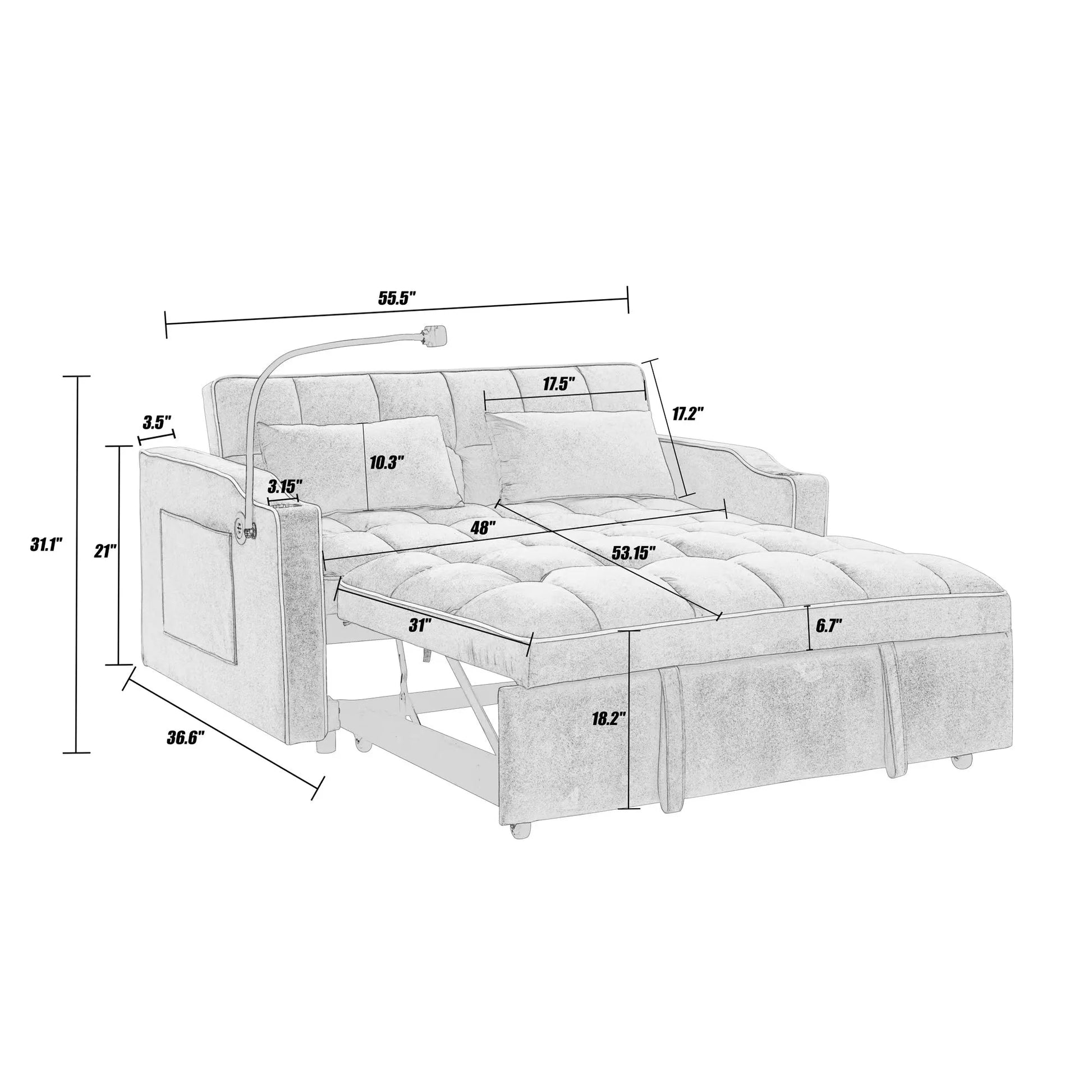 55.51 inch versatile foldable sofa bed in 3 lengths, modern sofa sofa sofa velvet pull-out bed, adjustable back and with USB port and ashtray and swivel phone stand (Grey) detail view 13