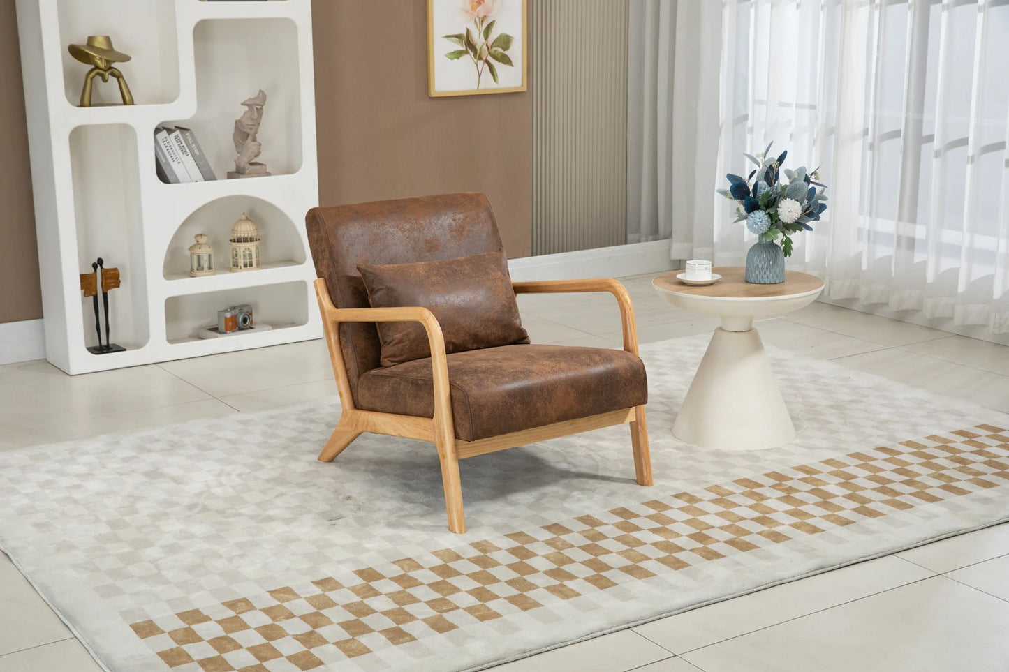 Mid Century Modern Accent Chair with Solid Wood Frame, Upholstered Living Room Chairs with Waist Cushion, Reading Armchair for Bedroom Sunroom lifestyle view