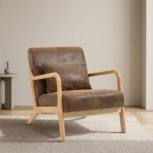 Mid Century Modern Accent Chair with Solid Wood Frame, Upholstered Living Room Chairs with Waist Cushion, Reading Armchair for Bedroom Sunroom detail view 2