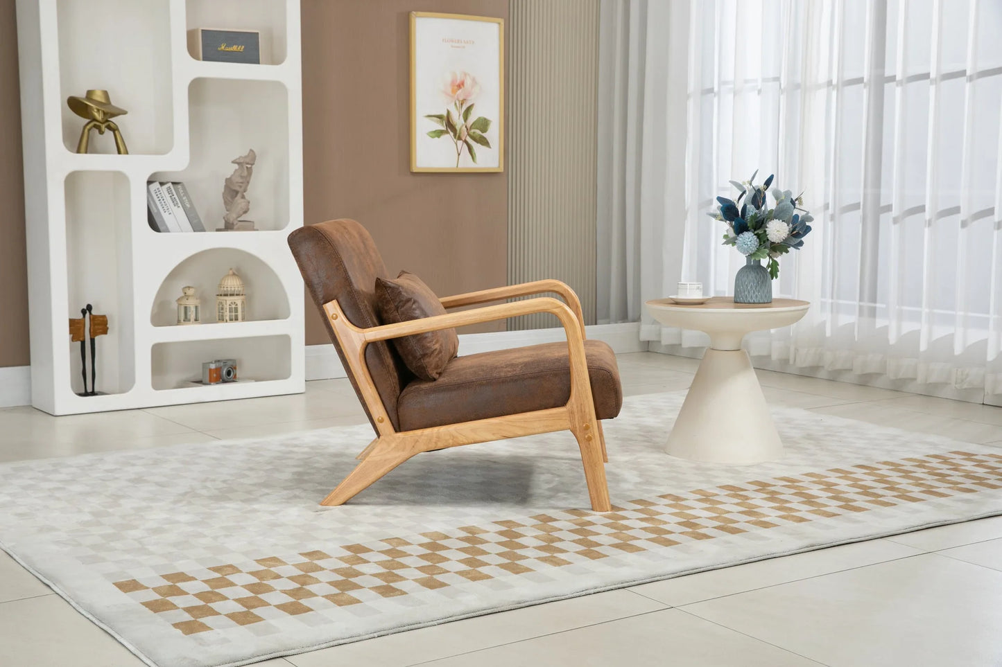 Mid Century Modern Accent Chair with Solid Wood Frame, Upholstered Living Room Chairs with Waist Cushion, Reading Armchair for Bedroom Sunroom detail view 3
