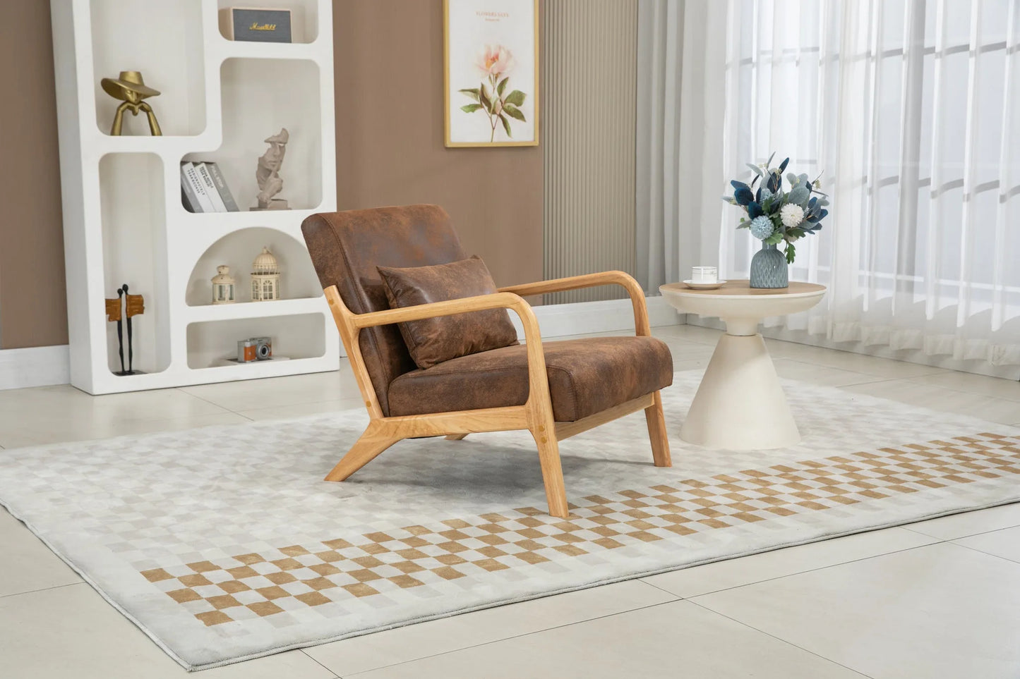 Mid Century Modern Accent Chair with Solid Wood Frame, Upholstered Living Room Chairs with Waist Cushion, Reading Armchair for Bedroom Sunroom detail view 4