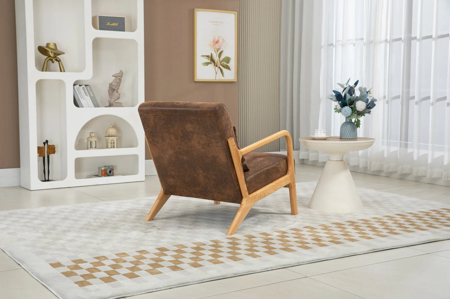 Mid Century Modern Accent Chair with Solid Wood Frame, Upholstered Living Room Chairs with Waist Cushion, Reading Armchair for Bedroom Sunroom detail view 5