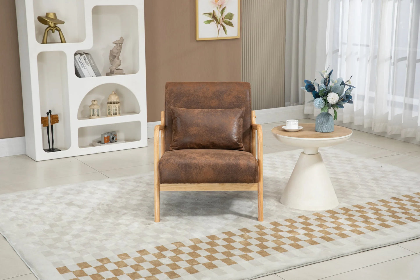 Mid Century Modern Accent Chair with Solid Wood Frame, Upholstered Living Room Chairs with Waist Cushion, Reading Armchair for Bedroom Sunroom detail view 7