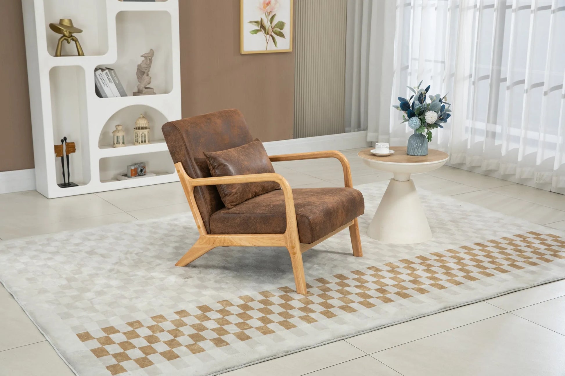 Mid Century Modern Accent Chair with Solid Wood Frame, Upholstered Living Room Chairs with Waist Cushion, Reading Armchair for Bedroom Sunroom detail view 8