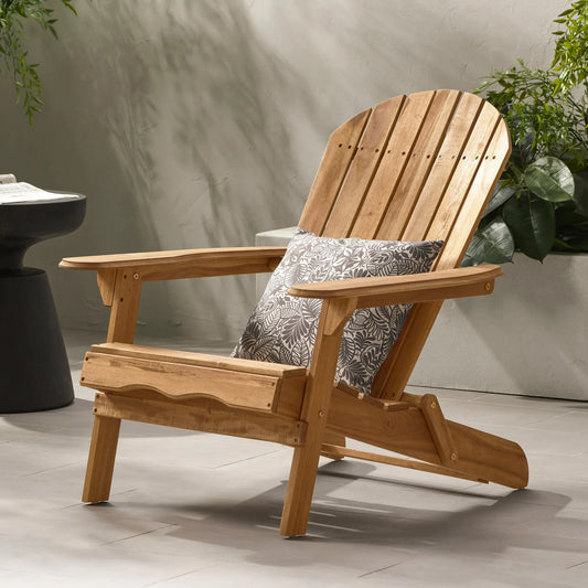 Folding Adirondack Chair Wooden Accent Furniture Lounge Chairs, Foldable Design for Patio & Garden Relaxation with Slatted Back & Wide Armrests- Teak Finish detail view 2
