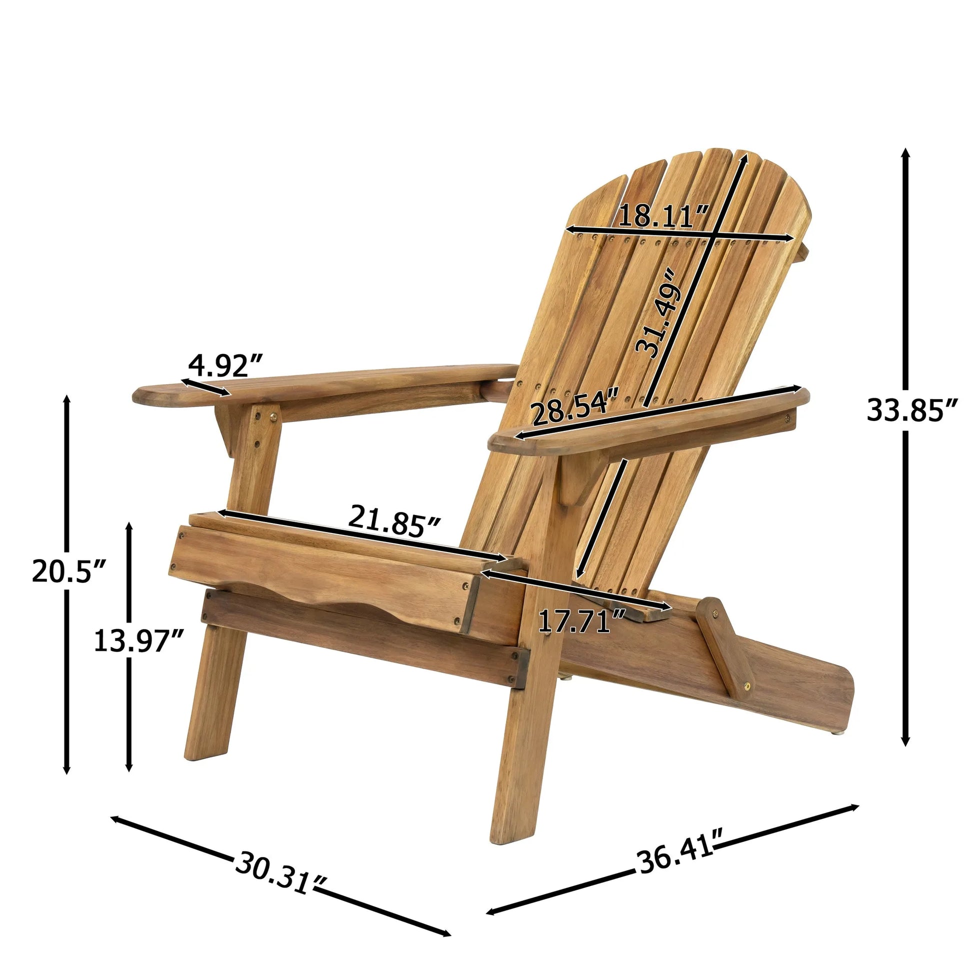 Folding Adirondack Chair Wooden Accent Furniture Lounge Chairs, Foldable Design for Patio & Garden Relaxation with Slatted Back & Wide Armrests- Teak Finish detail view 3