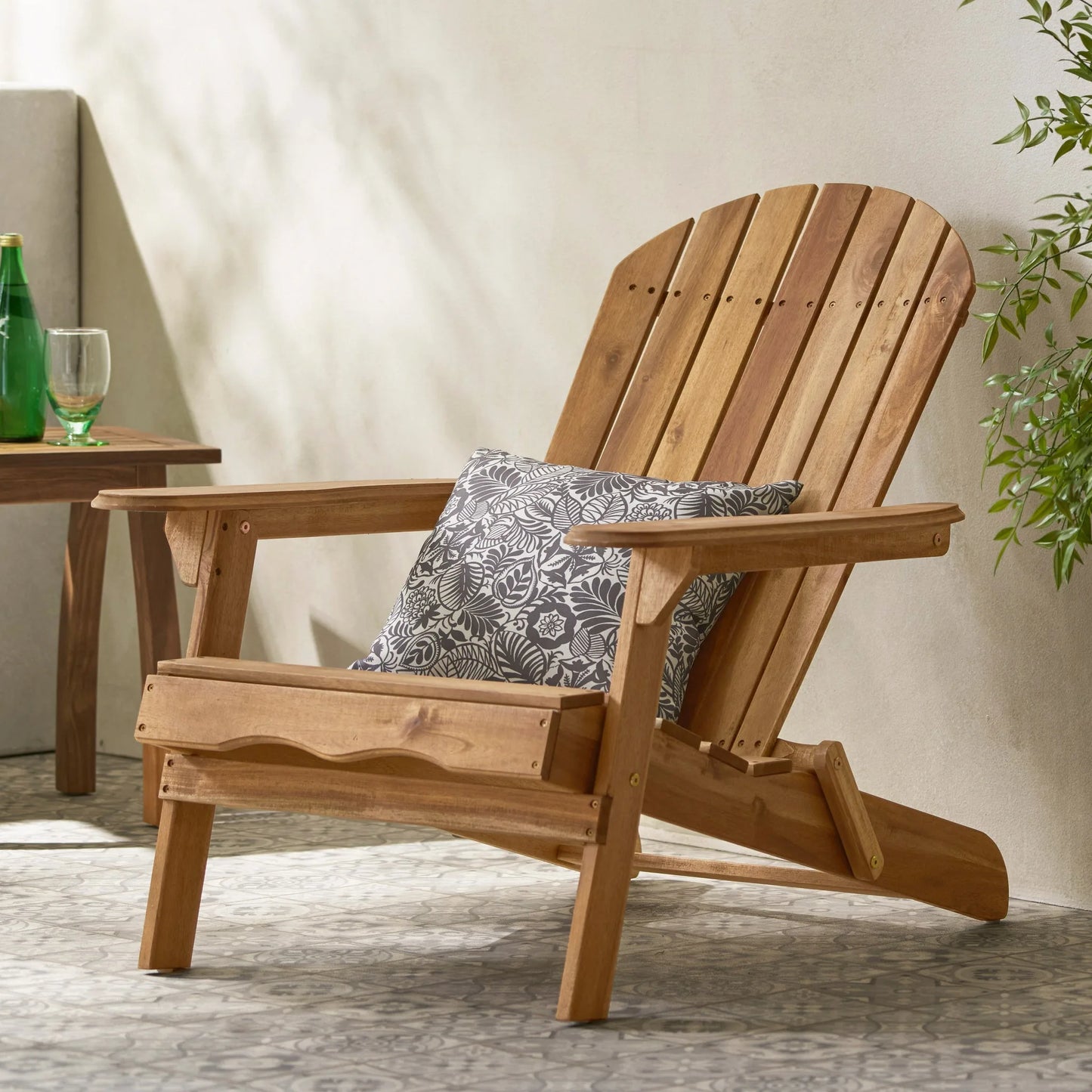 Folding Adirondack Chair Wooden Accent Furniture Lounge Chairs, Foldable Design for Patio & Garden Relaxation with Slatted Back & Wide Armrests- Teak Finish detail view 4