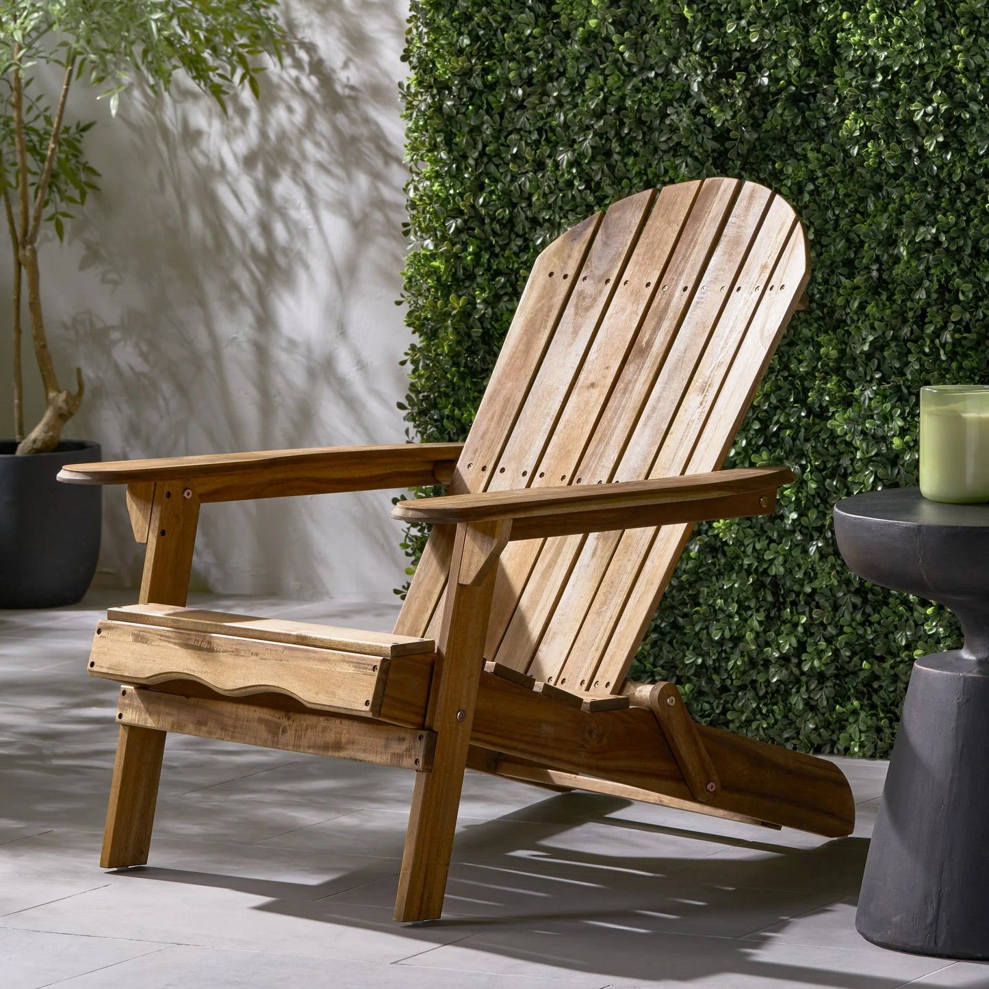 Folding Adirondack Chair Wooden Accent Furniture Lounge Chairs, Foldable Design for Patio & Garden Relaxation with Slatted Back & Wide Armrests- Teak Finish detail view 5