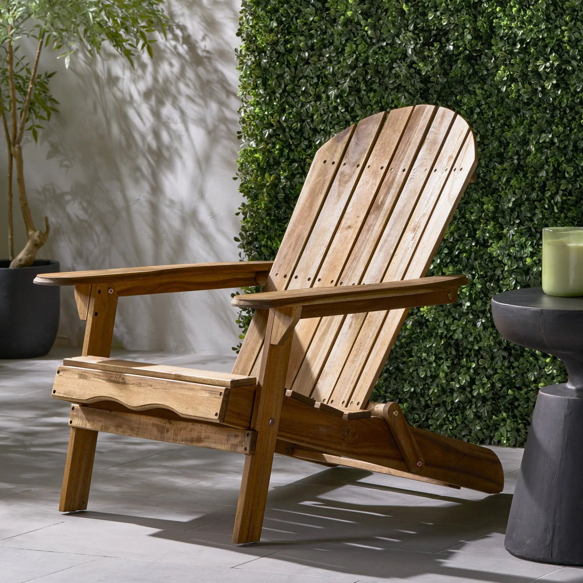 Folding Adirondack Chair Wooden Accent Furniture Lounge Chairs, Foldable Design for Patio & Garden Relaxation with Slatted Back & Wide Armrests- Teak Finish detail view 5