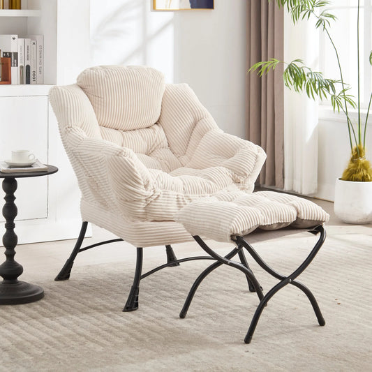 Lazy Chair with Ottoman, Modern Lounge Accent Chair with Armrests and a Side Pocket, Leisure Upholstered Sofa Chair Reading Chair with Footrest for Small Space, Corner Chair-White lifestyle view