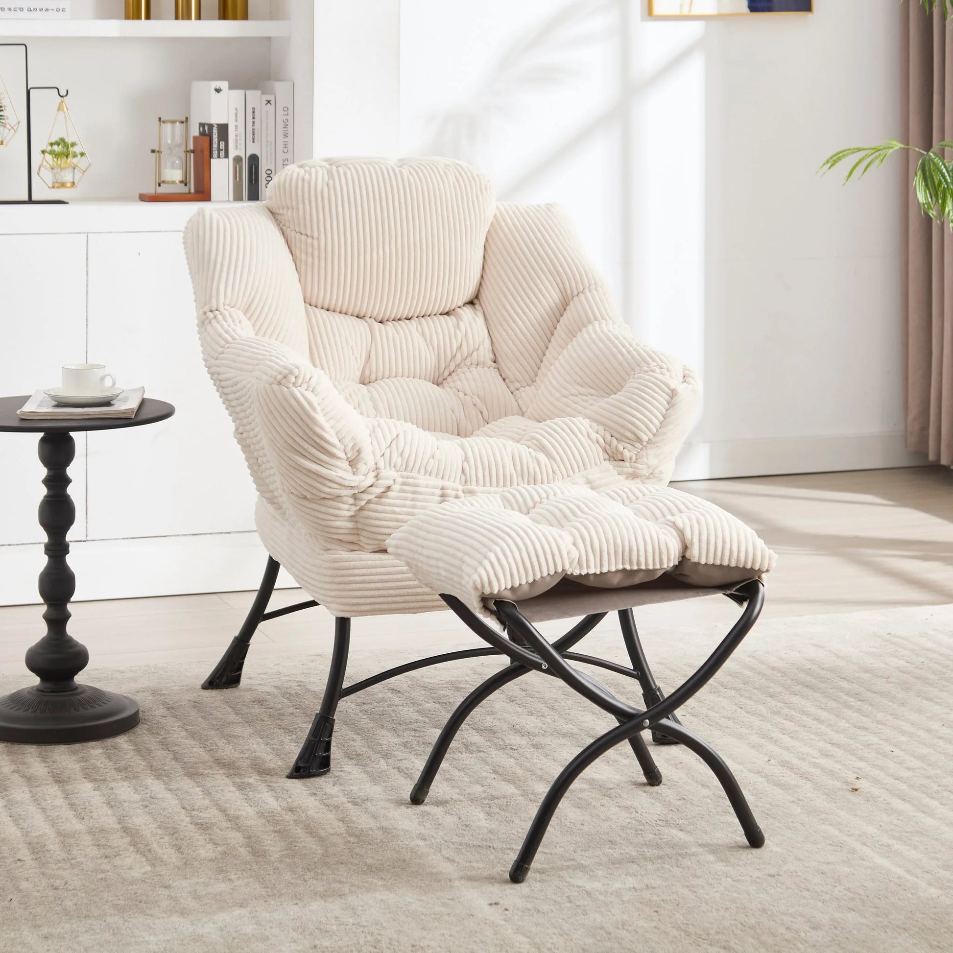 Lazy Chair with Ottoman, Modern Lounge Accent Chair with Armrests and a Side Pocket, Leisure Upholstered Sofa Chair Reading Chair with Footrest for Small Space, Corner Chair-White detail view 2
