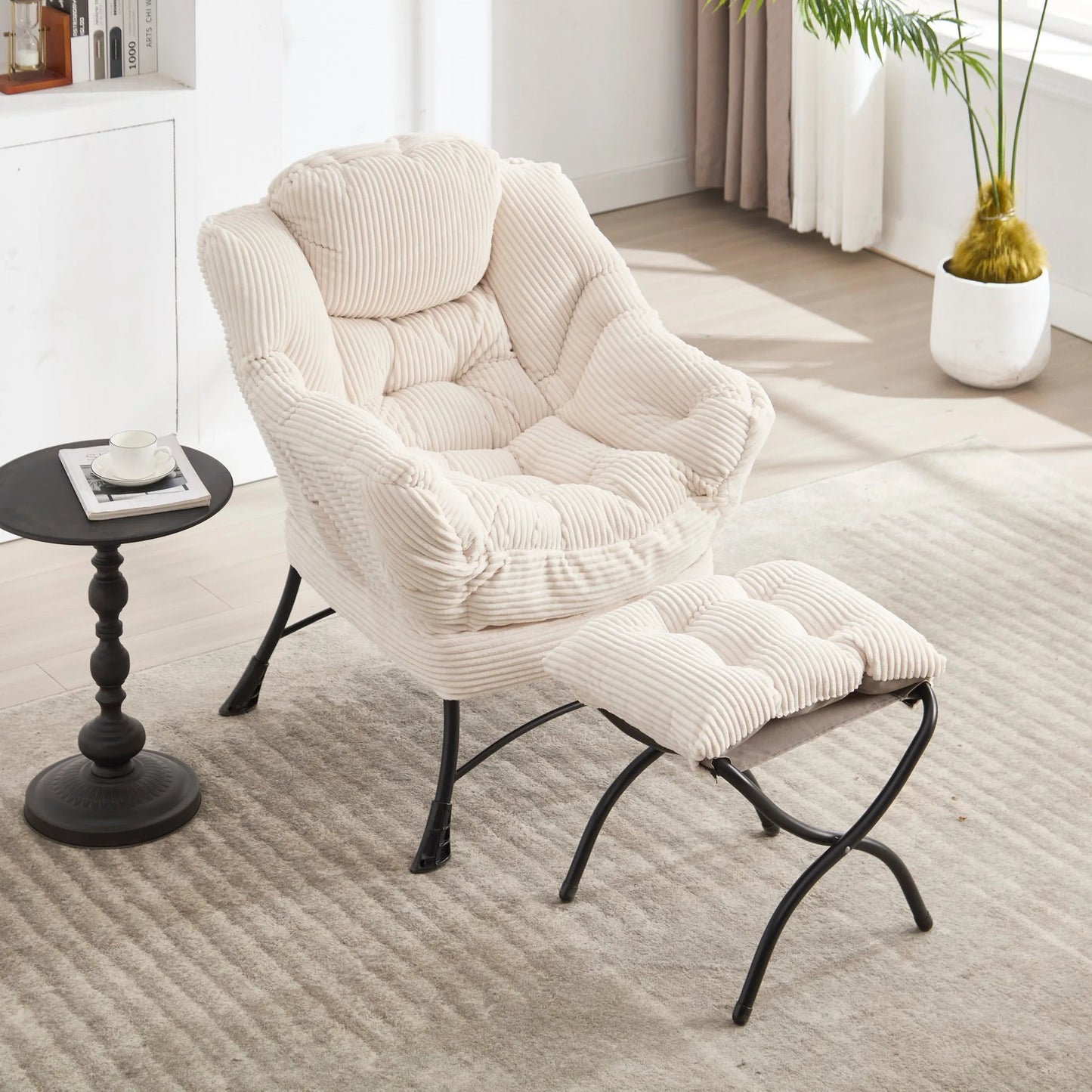 Lazy Chair with Ottoman, Modern Lounge Accent Chair with Armrests and a Side Pocket, Leisure Upholstered Sofa Chair Reading Chair with Footrest for Small Space, Corner Chair-White detail view 3