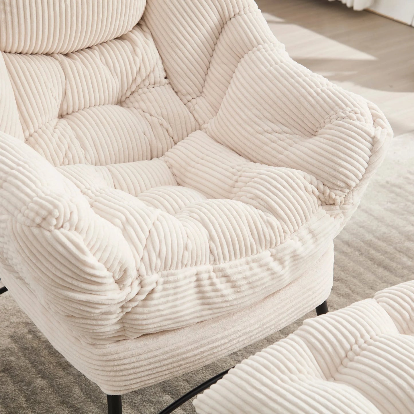Lazy Chair with Ottoman, Modern Lounge Accent Chair with Armrests and a Side Pocket, Leisure Upholstered Sofa Chair Reading Chair with Footrest for Small Space, Corner Chair-White detail view 4