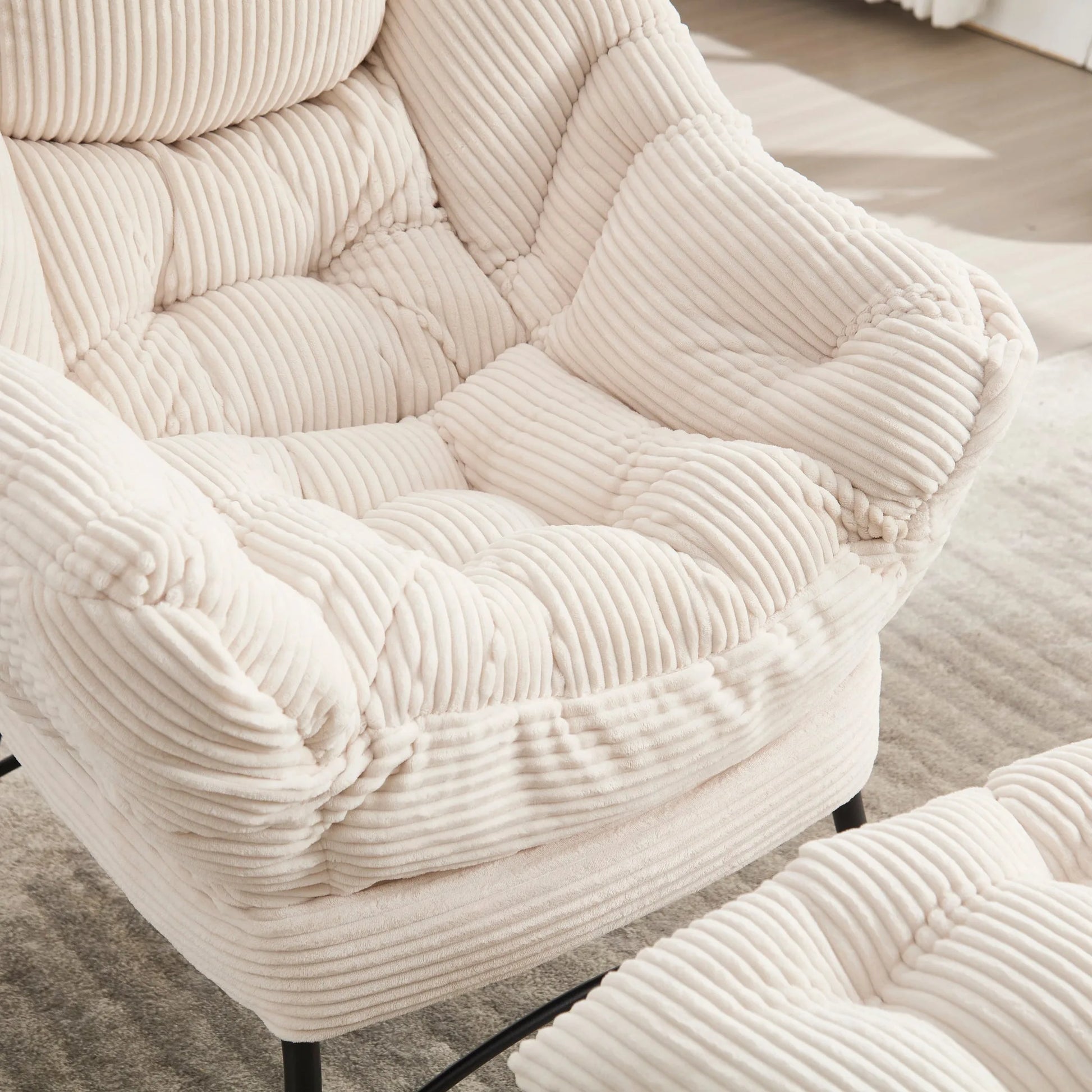 Lazy Chair with Ottoman, Modern Lounge Accent Chair with Armrests and a Side Pocket, Leisure Upholstered Sofa Chair Reading Chair with Footrest for Small Space, Corner Chair-White detail view 4