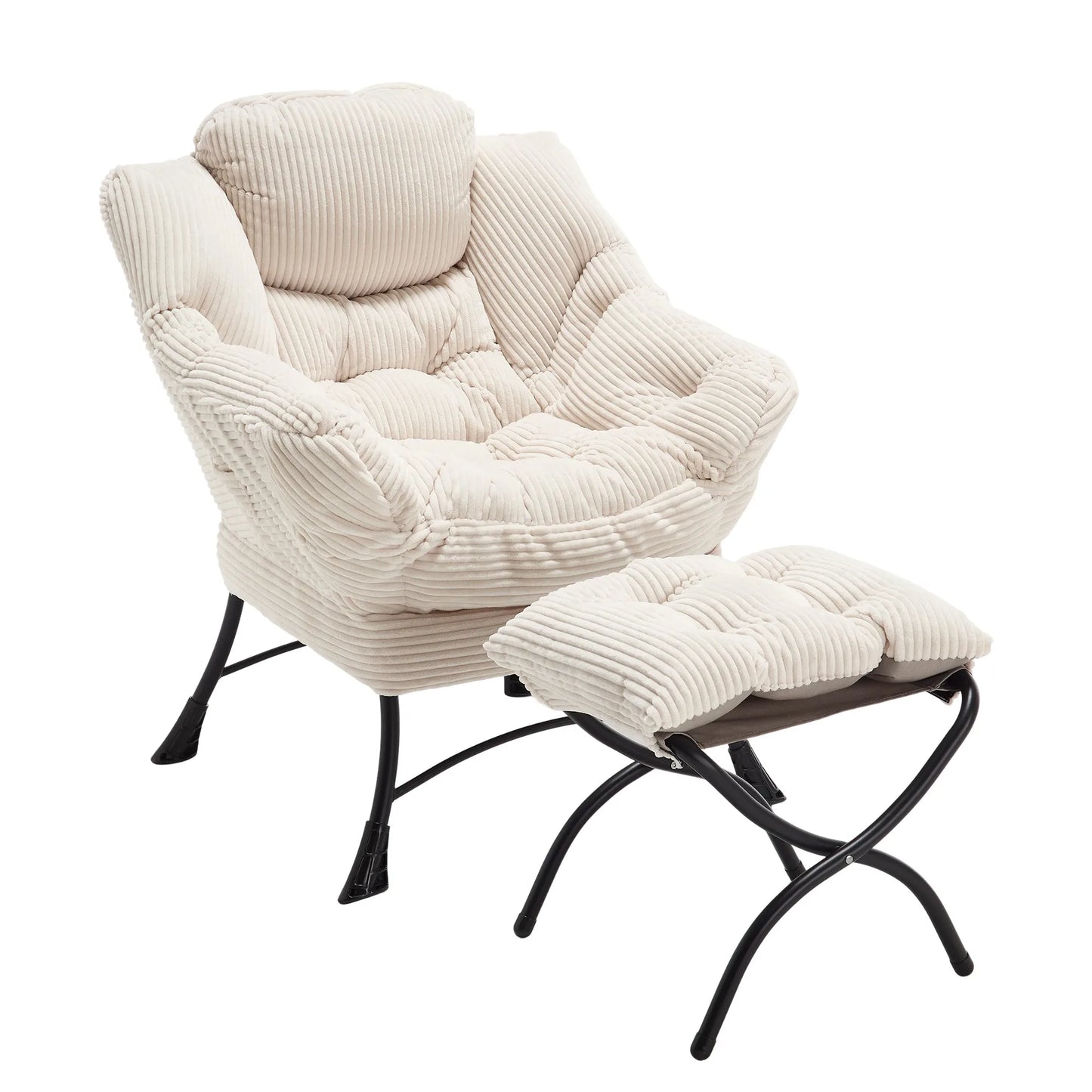 Lazy Chair with Ottoman, Modern Lounge Accent Chair with Armrests and a Side Pocket, Leisure Upholstered Sofa Chair Reading Chair with Footrest for Small Space, Corner Chair-White detail view 14