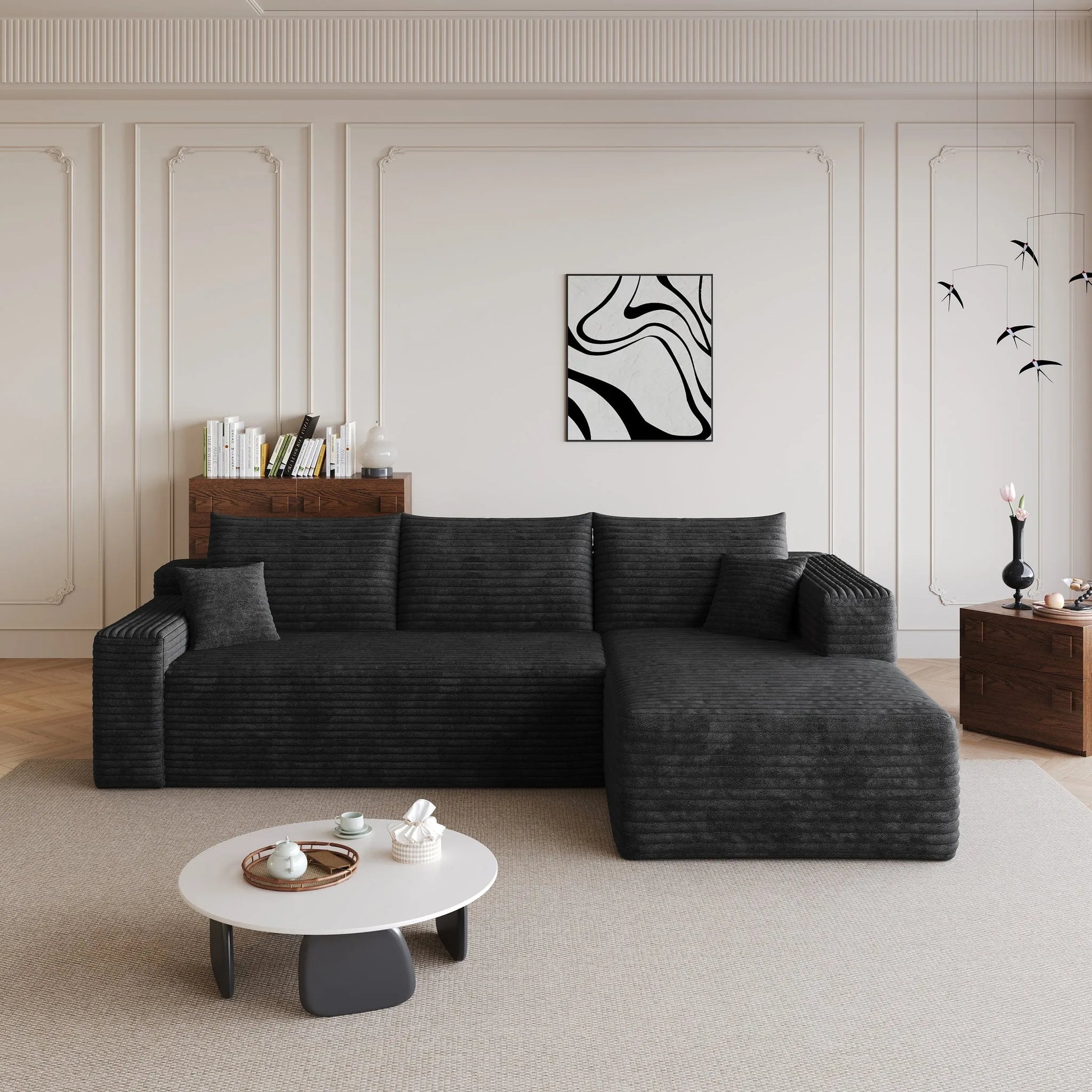 95' Cloud Sectional Sofa, Modern Minimalist Upholstered Couches, Comfort U Shaped Sofa for Living Room, Deep Seat Corner Couch, No Assembly Required, Black (Plush Corduroy Fabric) detail view 3