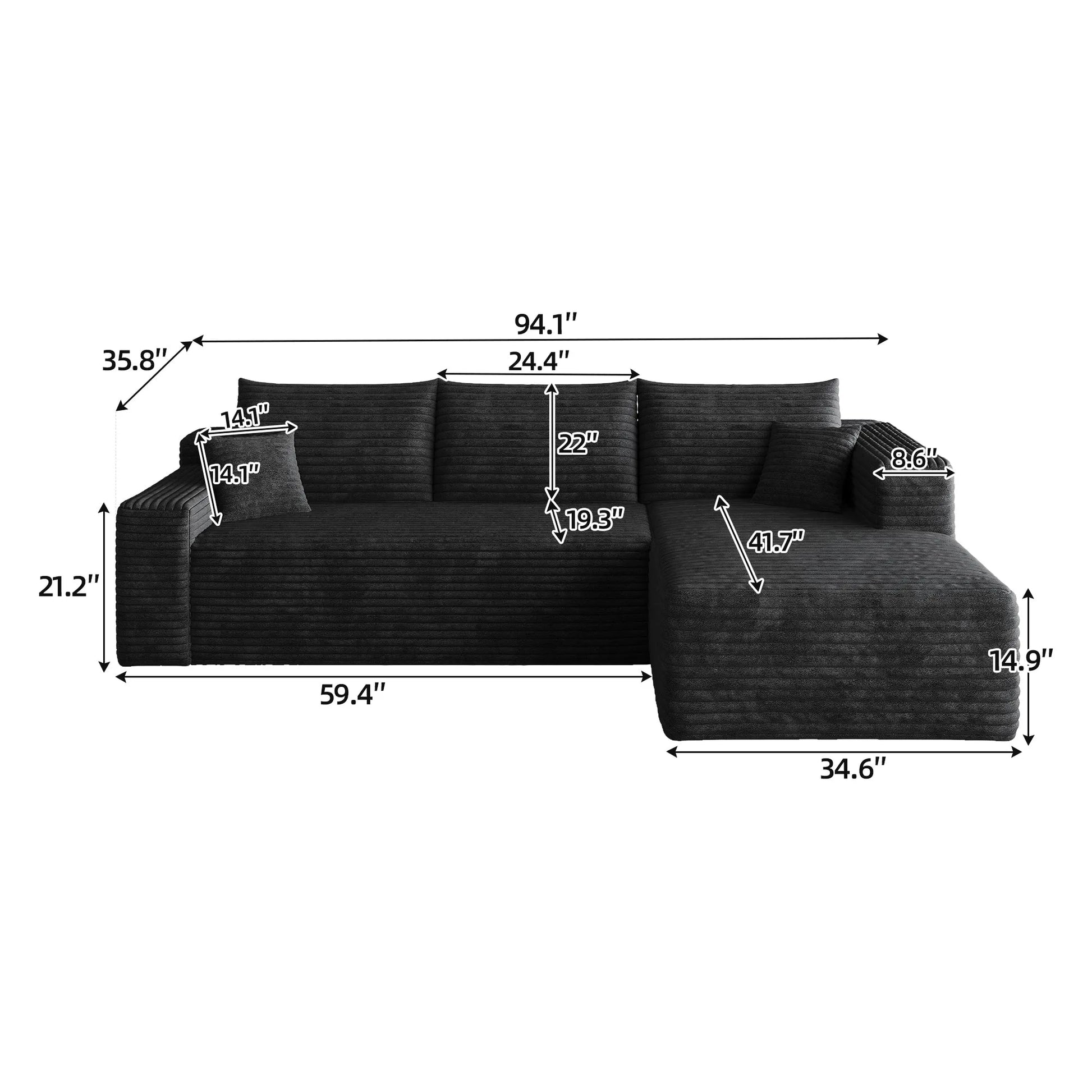 95' Cloud Sectional Sofa, Modern Minimalist Upholstered Couches, Comfort U Shaped Sofa for Living Room, Deep Seat Corner Couch, No Assembly Required, Black (Plush Corduroy Fabric) detail view 4