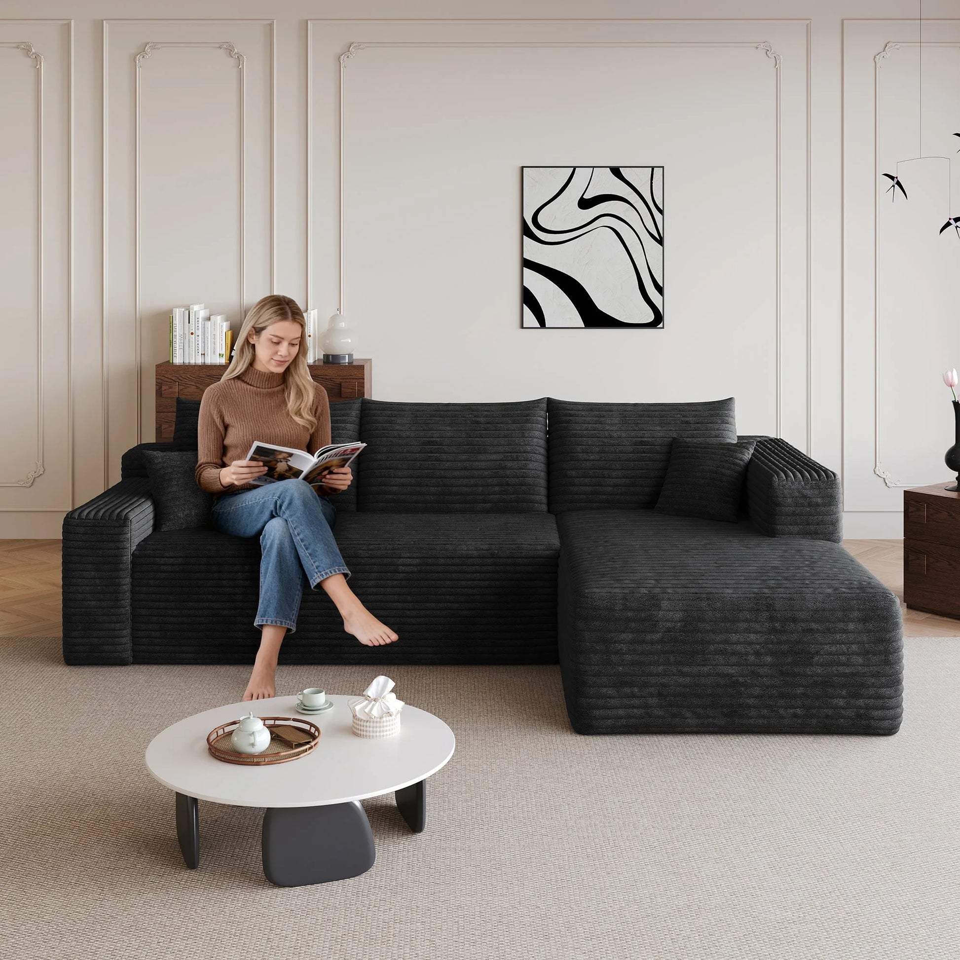95' Cloud Sectional Sofa, Modern Minimalist Upholstered Couches, Comfort U Shaped Sofa for Living Room, Deep Seat Corner Couch, No Assembly Required, Black (Plush Corduroy Fabric) detail view 5