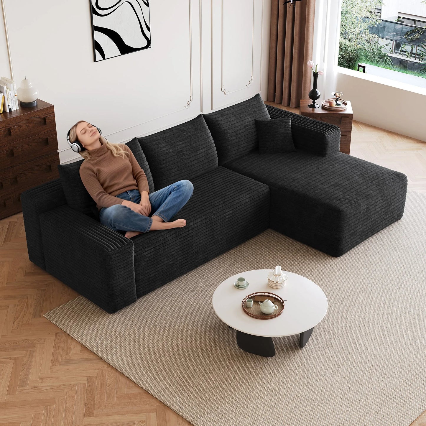 95' Cloud Sectional Sofa, Modern Minimalist Upholstered Couches, Comfort U Shaped Sofa for Living Room, Deep Seat Corner Couch, No Assembly Required, Black (Plush Corduroy Fabric) detail view 6