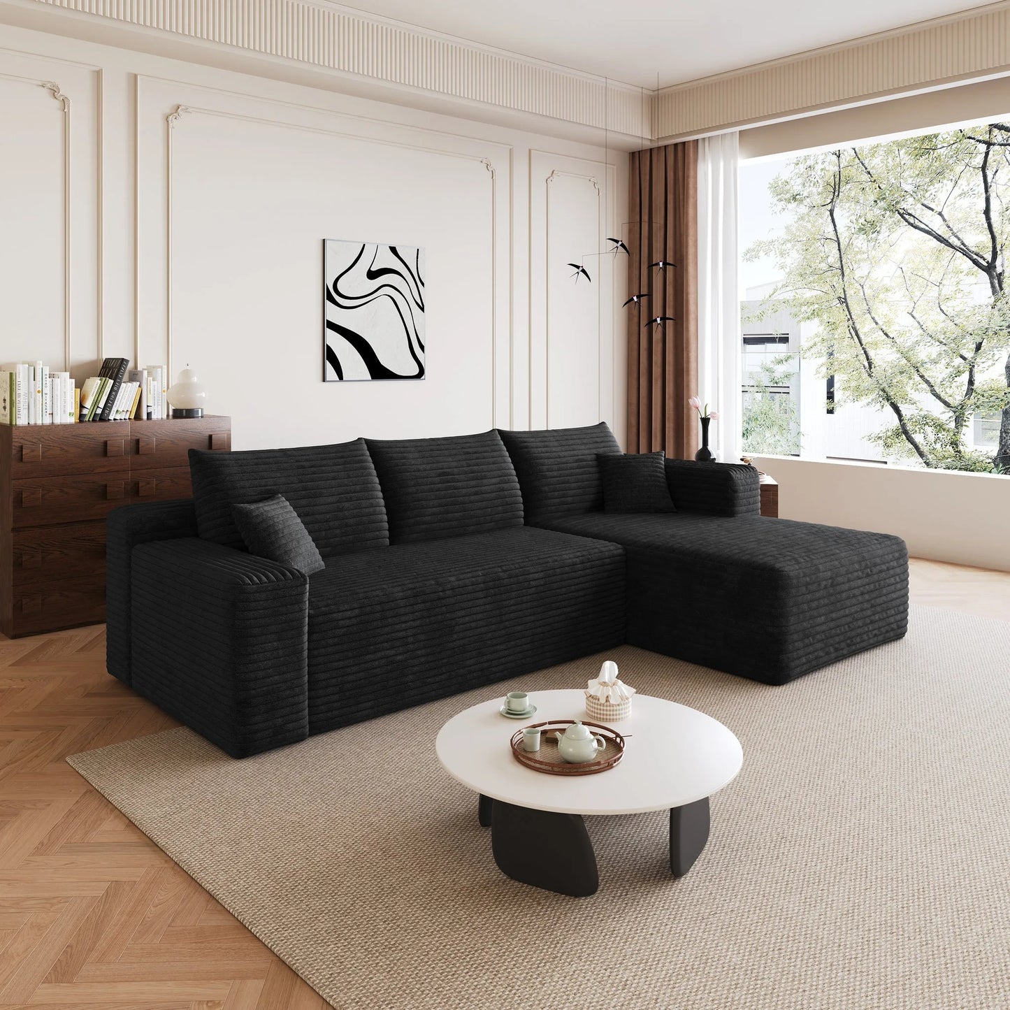 95' Cloud Sectional Sofa, Modern Minimalist Upholstered Couches, Comfort U Shaped Sofa for Living Room, Deep Seat Corner Couch, No Assembly Required, Black (Plush Corduroy Fabric) detail view 7