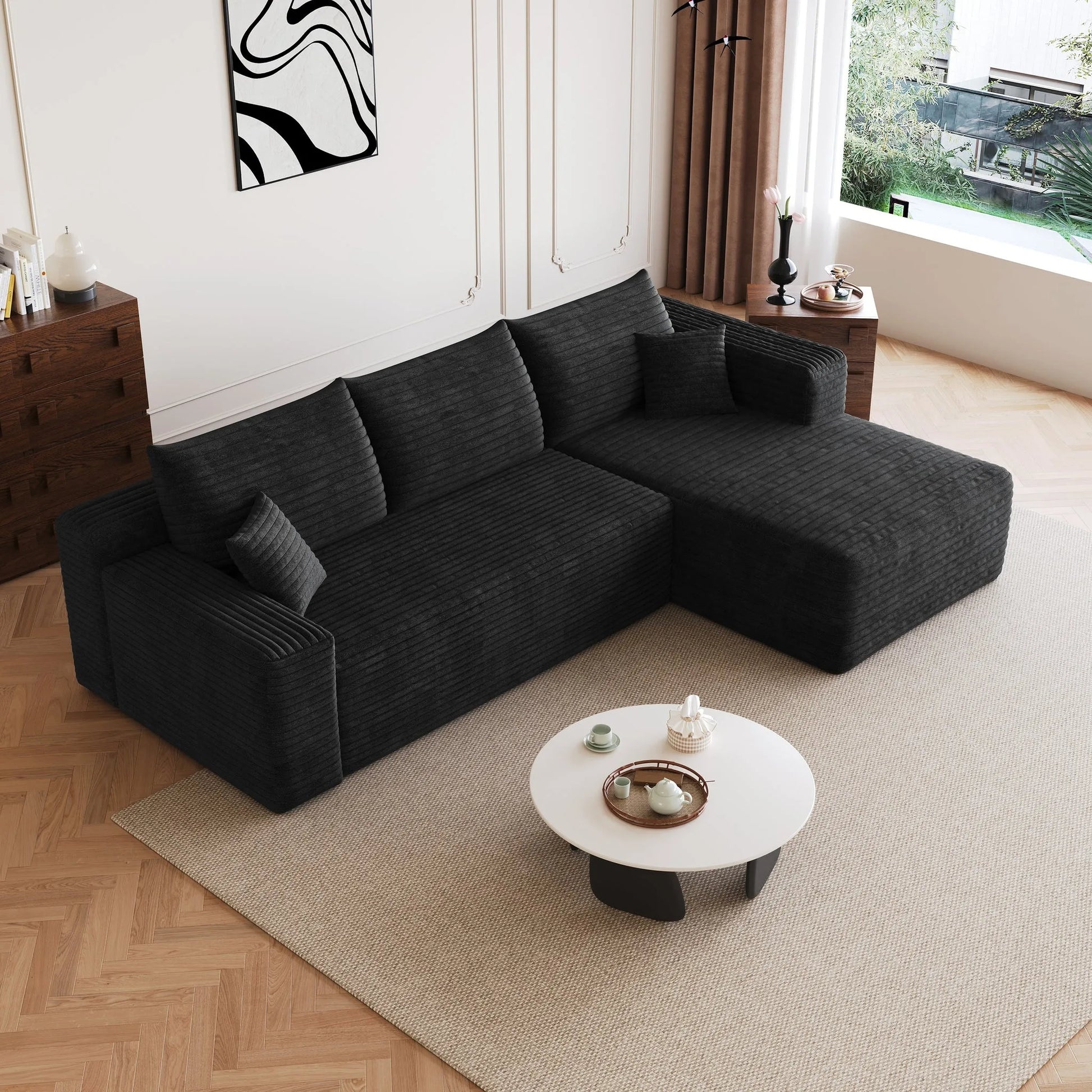 95' Cloud Sectional Sofa, Modern Minimalist Upholstered Couches, Comfort U Shaped Sofa for Living Room, Deep Seat Corner Couch, No Assembly Required, Black (Plush Corduroy Fabric) detail view 8