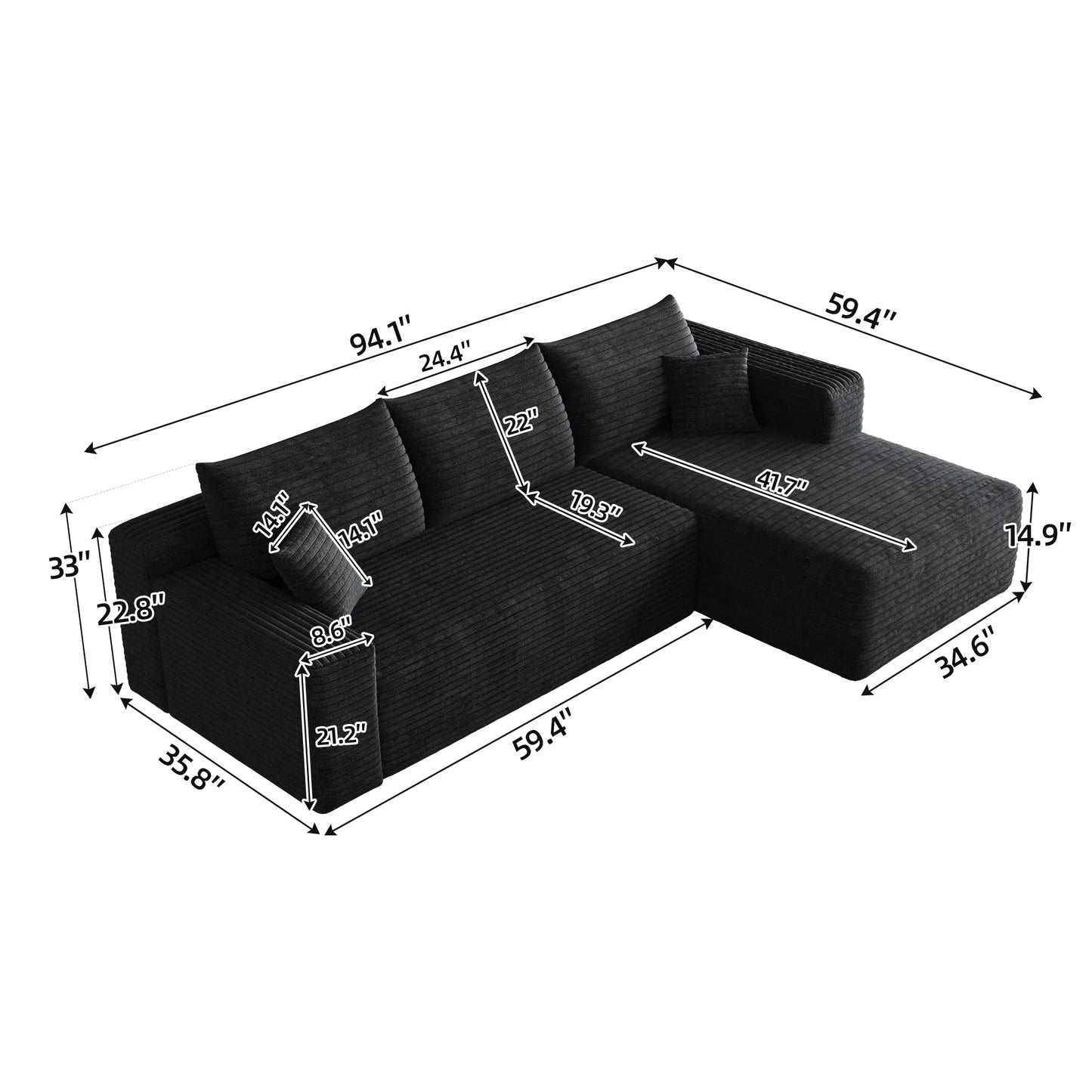 95' Cloud Sectional Sofa, Modern Minimalist Upholstered Couches, Comfort U Shaped Sofa for Living Room, Deep Seat Corner Couch, No Assembly Required, Black (Plush Corduroy Fabric) detail view 10