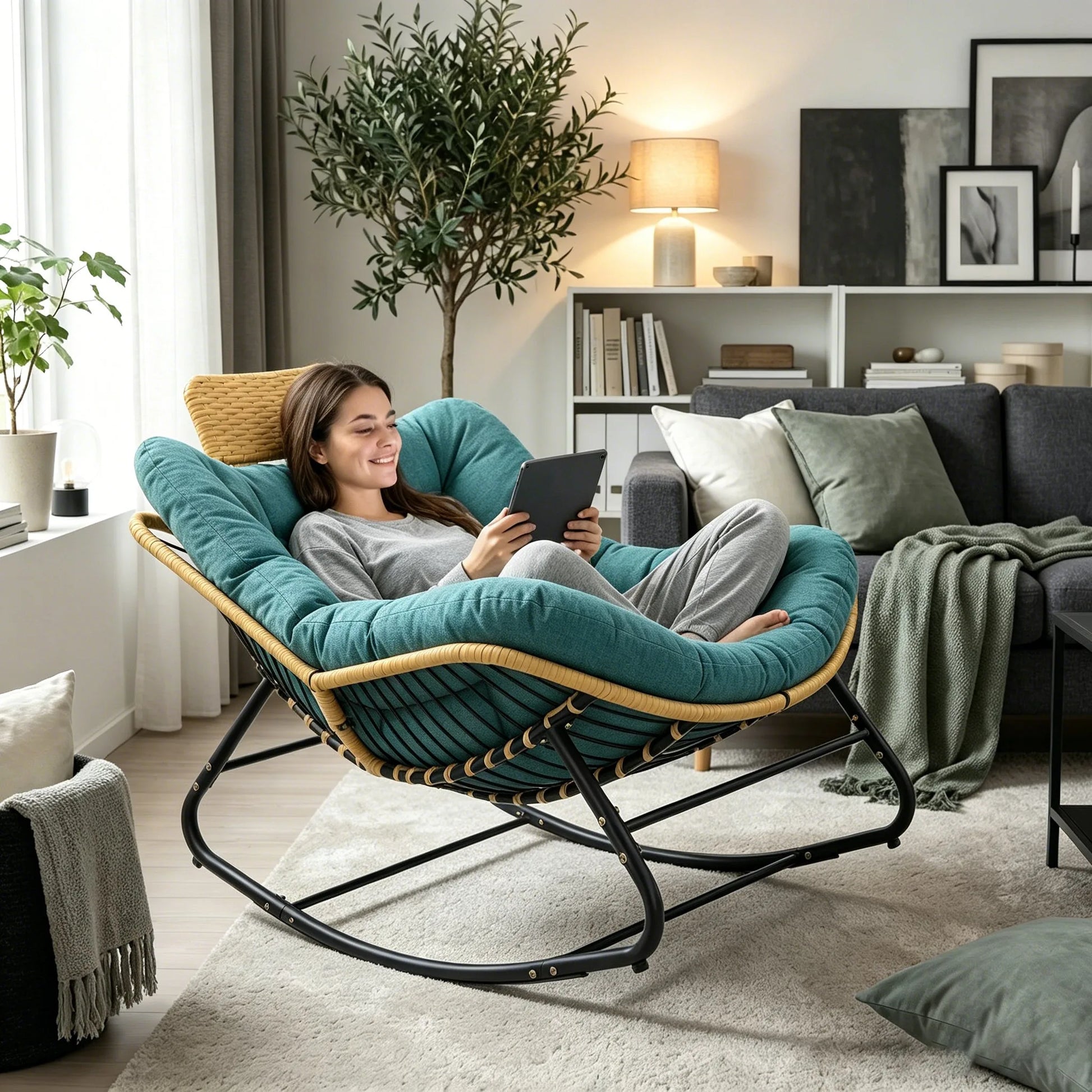 Oversized Papasan Rocking Chair Outdoor with Thick Cushion and Handwoven Rattan Head Pillow, Green Rattan Metal Frame Patio Lounge Chair for Balcony, Porch, Indoor or Outdoor Use lifestyle view