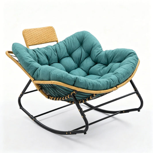 Oversized Papasan Rocking Chair Outdoor with Thick Cushion and Handwoven Rattan Head Pillow, Green Rattan Metal Frame Patio Lounge Chair for Balcony, Porch, Indoor or Outdoor Use detail view 2