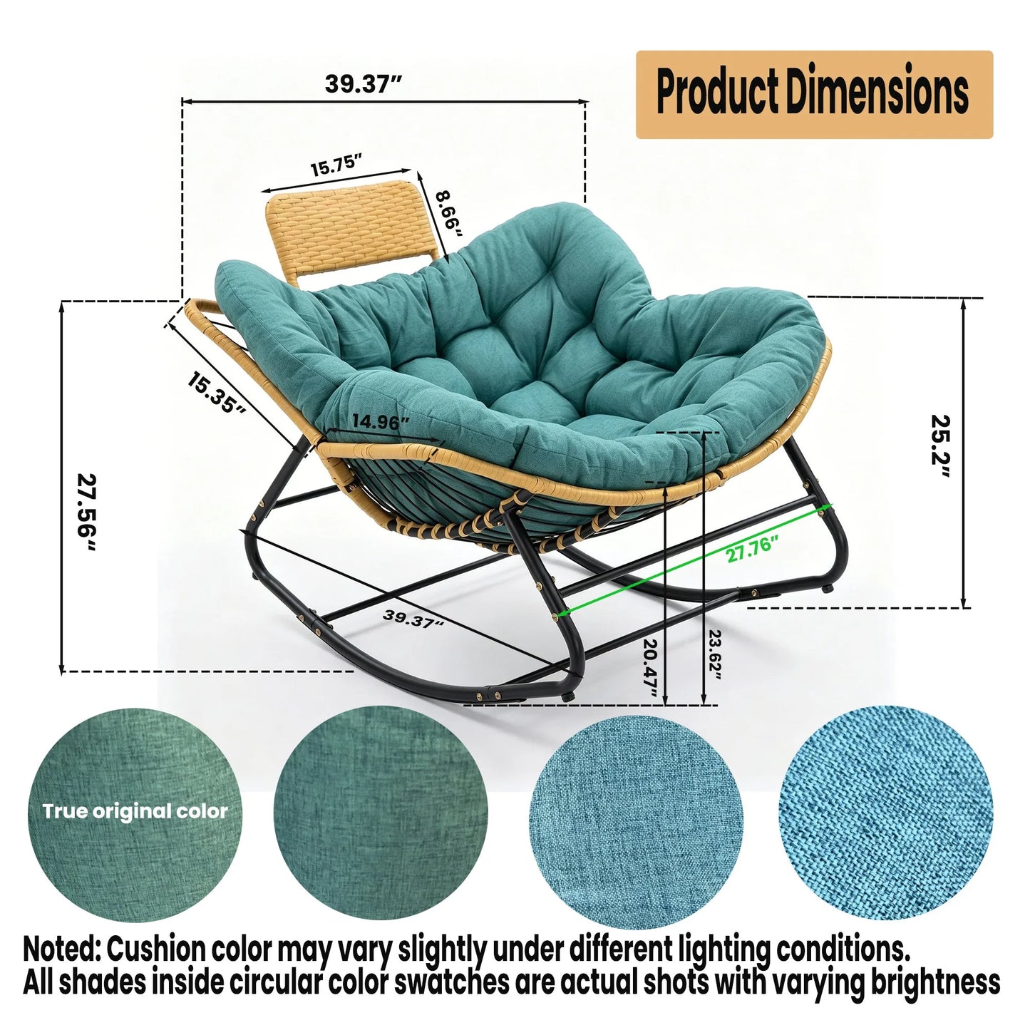 Oversized Papasan Rocking Chair Outdoor with Thick Cushion and Handwoven Rattan Head Pillow, Green Rattan Metal Frame Patio Lounge Chair for Balcony, Porch, Indoor or Outdoor Use detail view 3