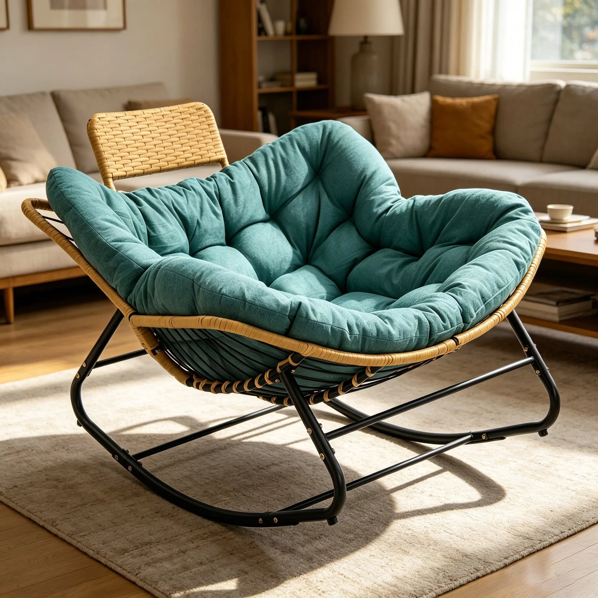 Oversized Papasan Rocking Chair Outdoor with Thick Cushion and Handwoven Rattan Head Pillow, Green Rattan Metal Frame Patio Lounge Chair for Balcony, Porch, Indoor or Outdoor Use detail view 4