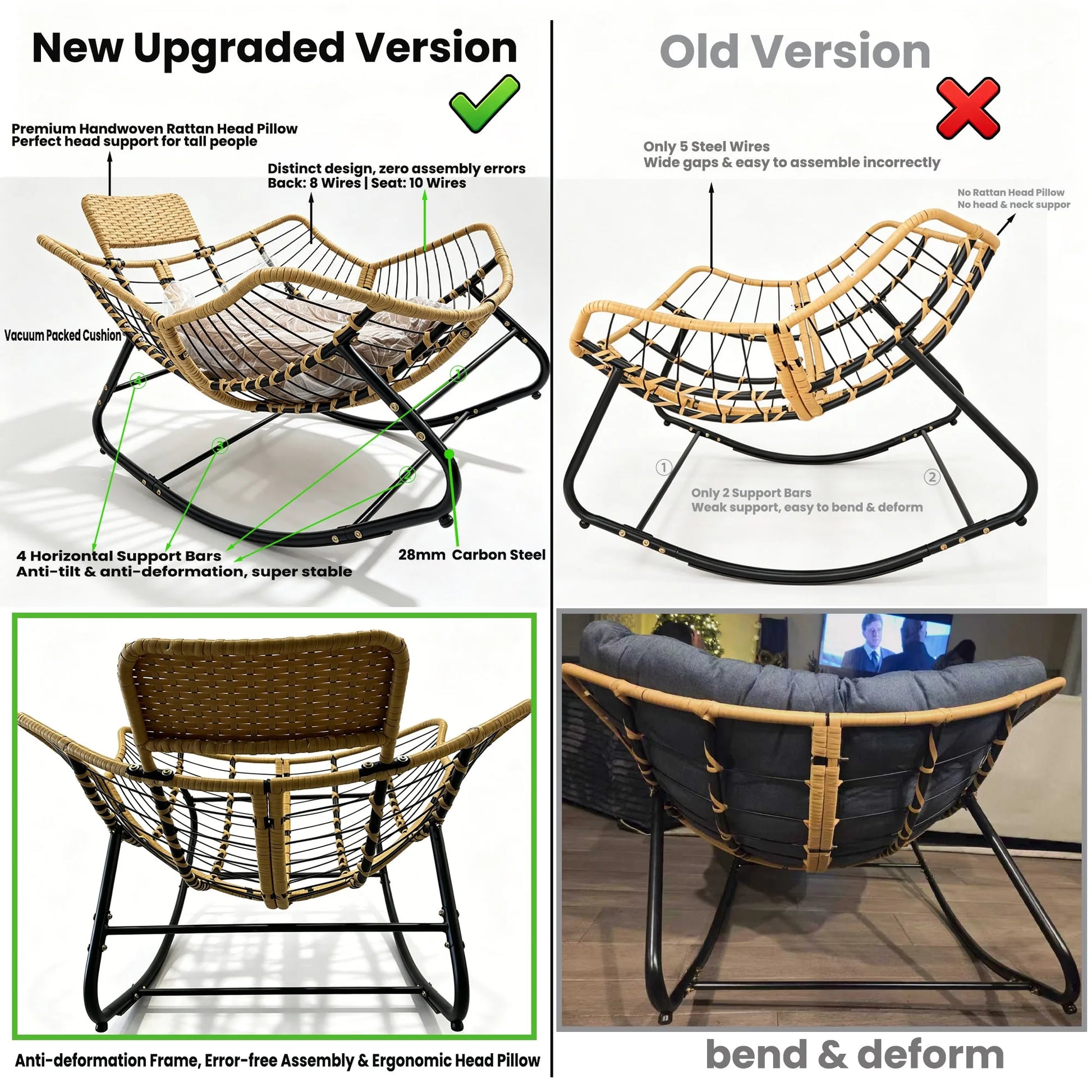Oversized Papasan Rocking Chair Outdoor with Thick Cushion and Handwoven Rattan Head Pillow, Green Rattan Metal Frame Patio Lounge Chair for Balcony, Porch, Indoor or Outdoor Use detail view 5
