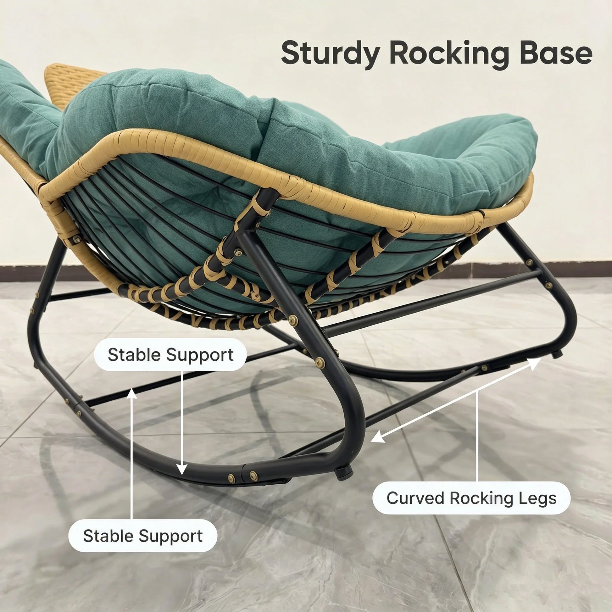 Oversized Papasan Rocking Chair Outdoor with Thick Cushion and Handwoven Rattan Head Pillow, Green Rattan Metal Frame Patio Lounge Chair for Balcony, Porch, Indoor or Outdoor Use detail view 6