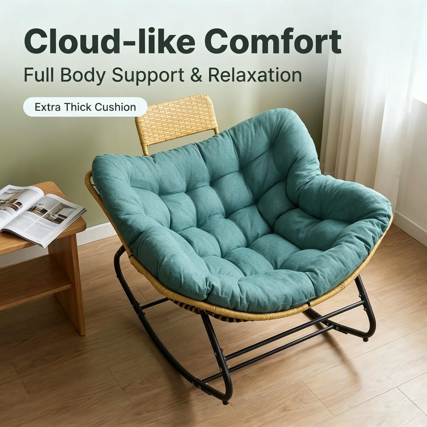 Oversized Papasan Rocking Chair Outdoor with Thick Cushion and Handwoven Rattan Head Pillow, Green Rattan Metal Frame Patio Lounge Chair for Balcony, Porch, Indoor or Outdoor Use detail view 7
