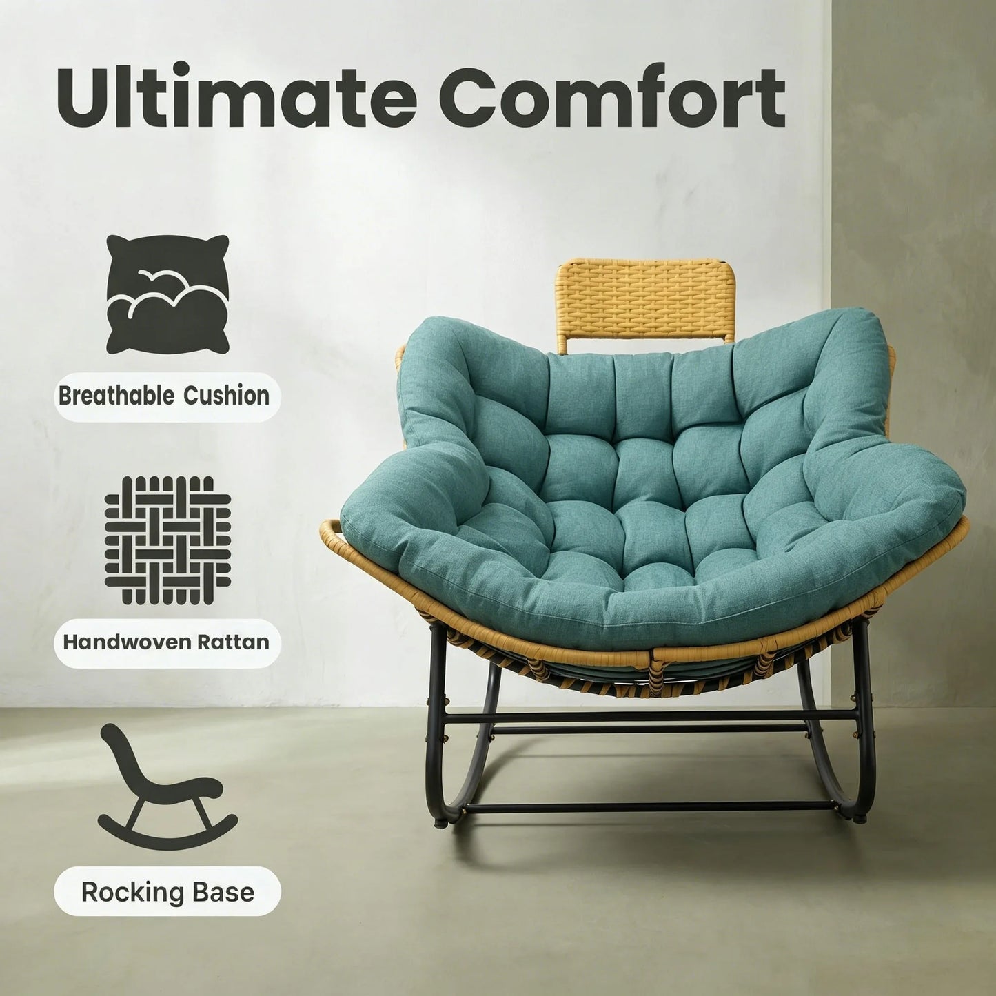 Oversized Papasan Rocking Chair Outdoor with Thick Cushion and Handwoven Rattan Head Pillow, Green Rattan Metal Frame Patio Lounge Chair for Balcony, Porch, Indoor or Outdoor Use detail view 8