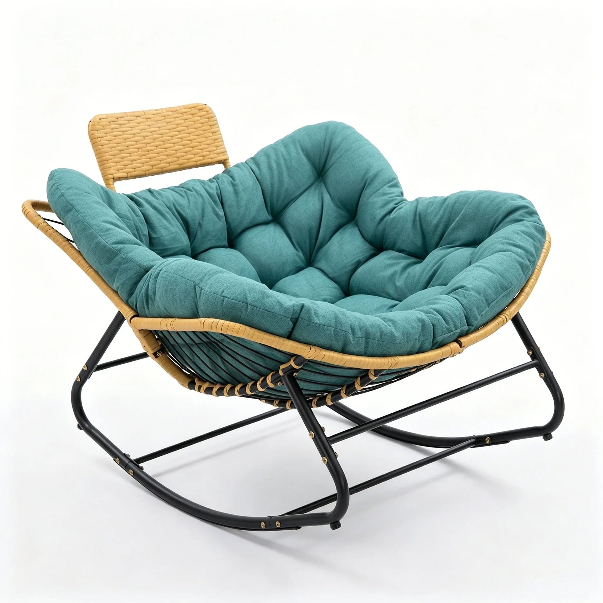 Oversized Papasan Rocking Chair Outdoor with Thick Cushion and Handwoven Rattan Head Pillow, Green Rattan Metal Frame Patio Lounge Chair for Balcony, Porch, Indoor or Outdoor Use detail view 9