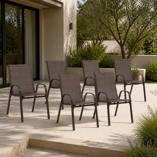 Set of six brown Textilene patio dining chairs in an outdoor lifestyle scene