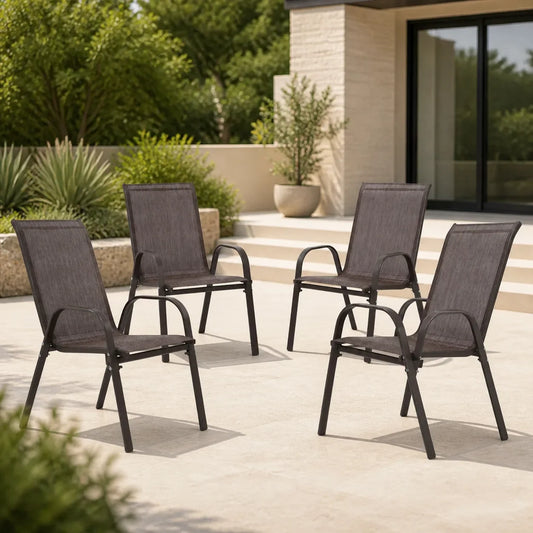 Set of four brown Textilene patio dining chairs in an outdoor lifestyle scene