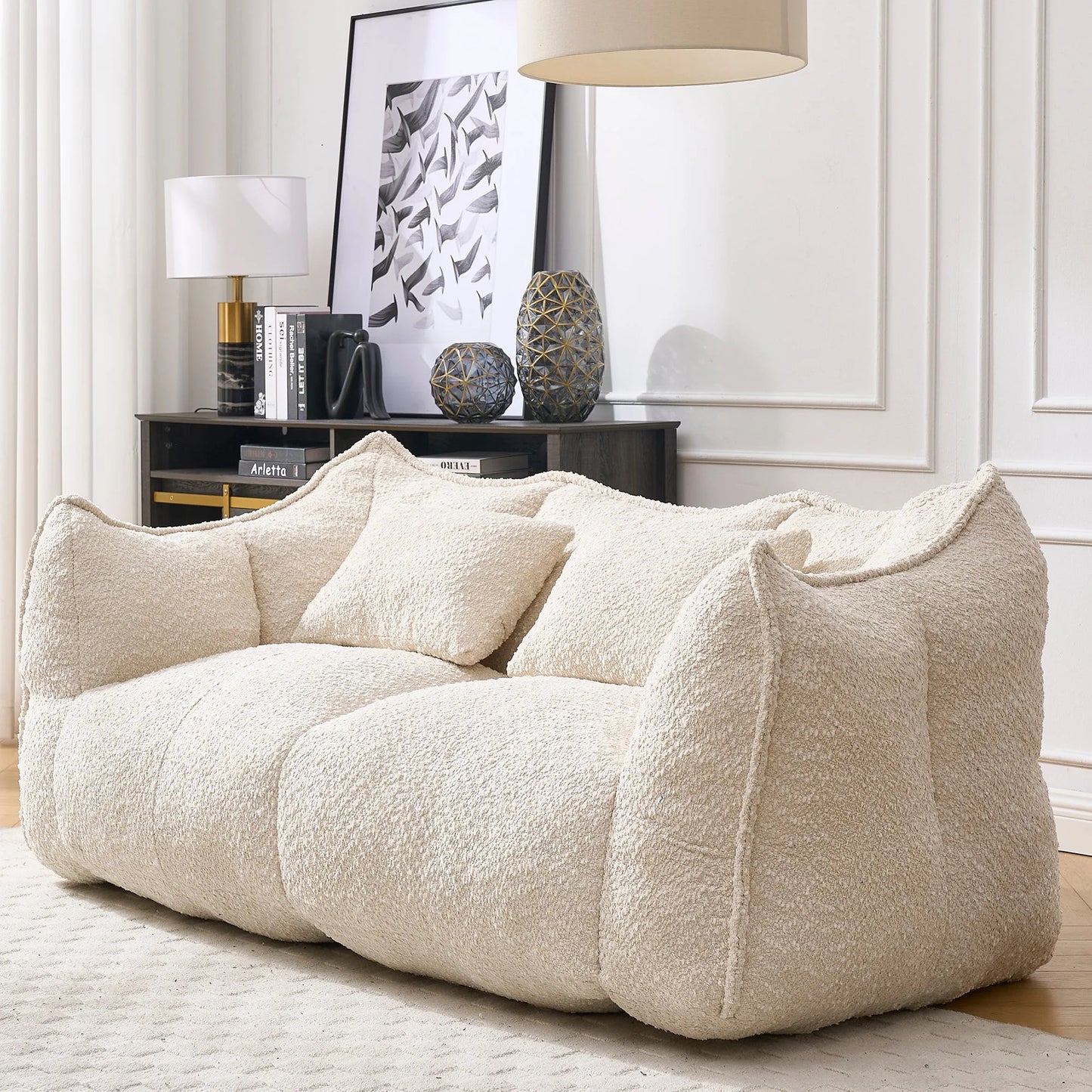 Comfortable Dual Beanbag Chair with High Resilience Foam Core for Two People in Beige Chenille lifestyle view