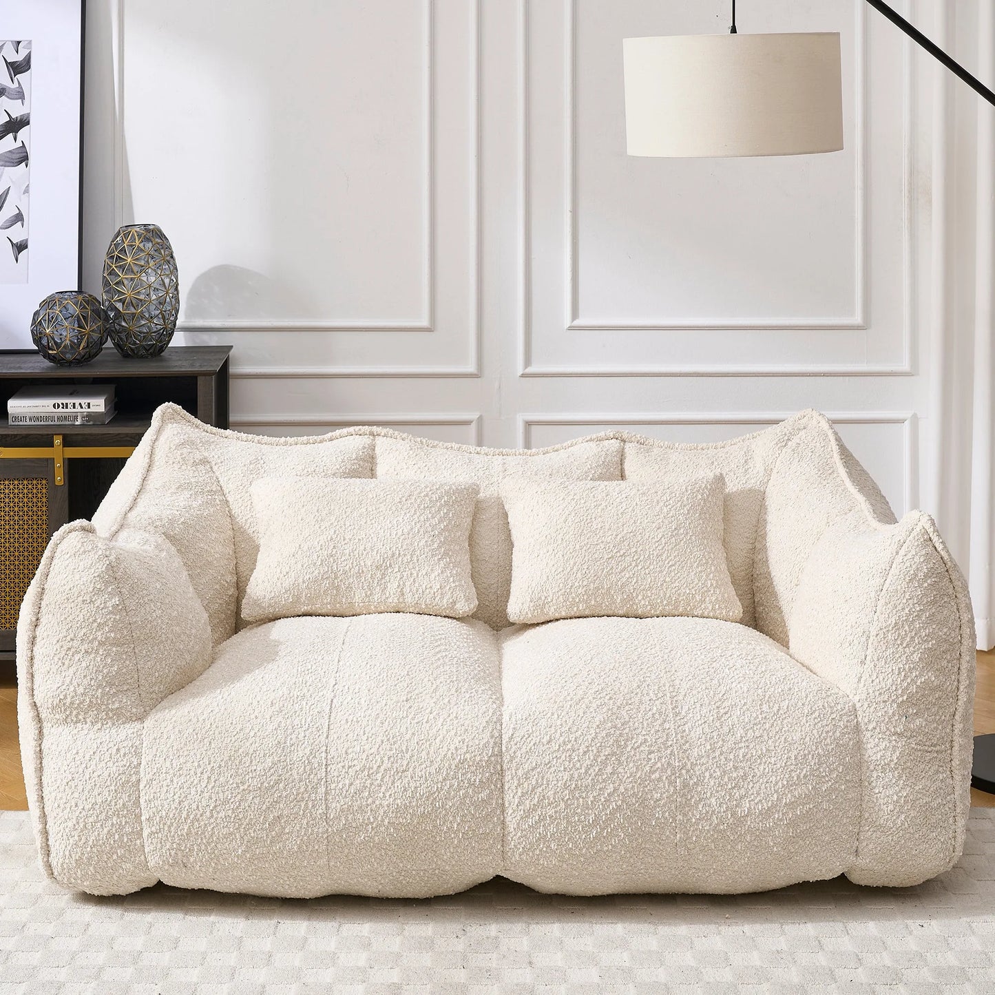Comfortable Dual Beanbag Chair with High Resilience Foam Core for Two People in Beige Chenille detail view 3