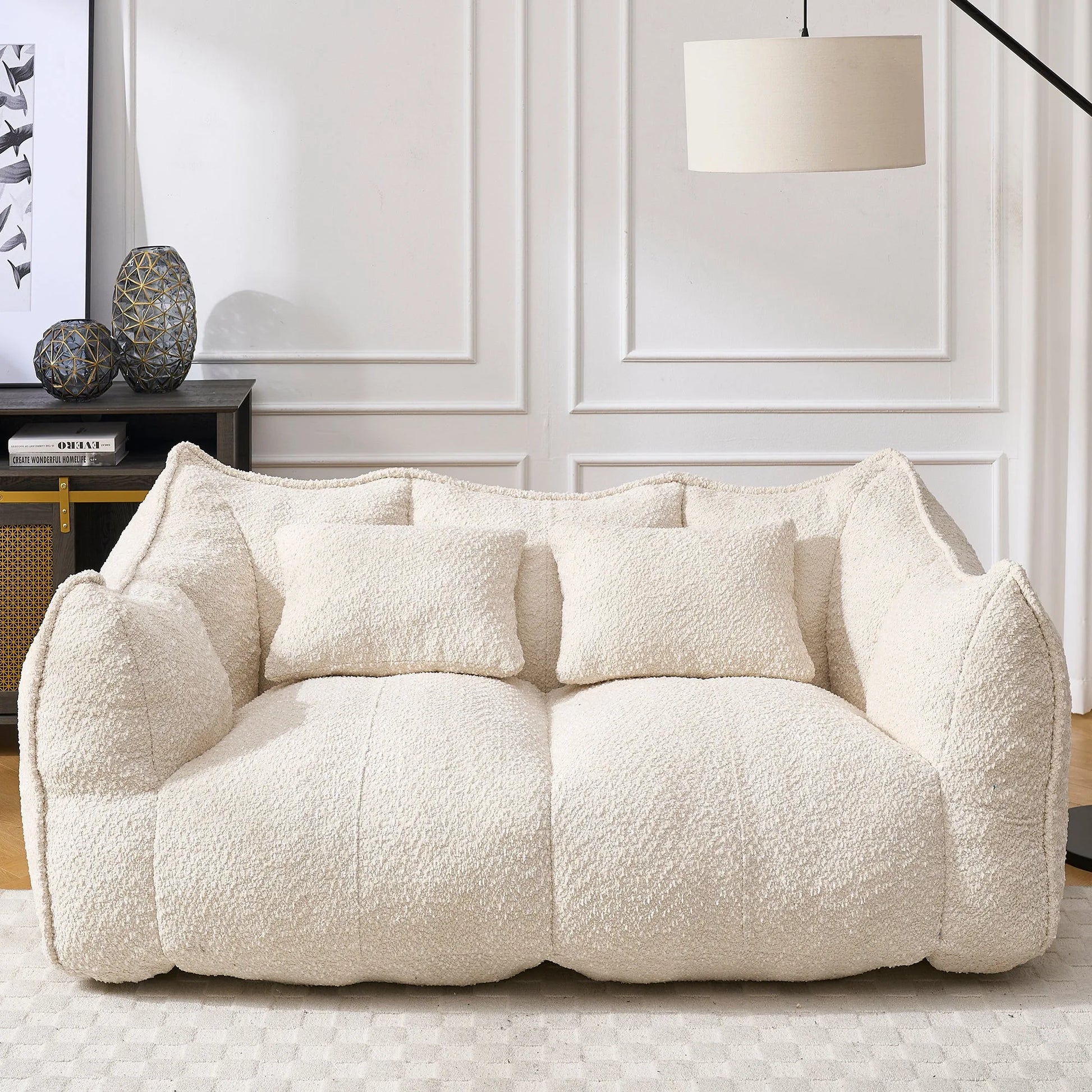 Comfortable Dual Beanbag Chair with High Resilience Foam Core for Two People in Beige Chenille detail view 3