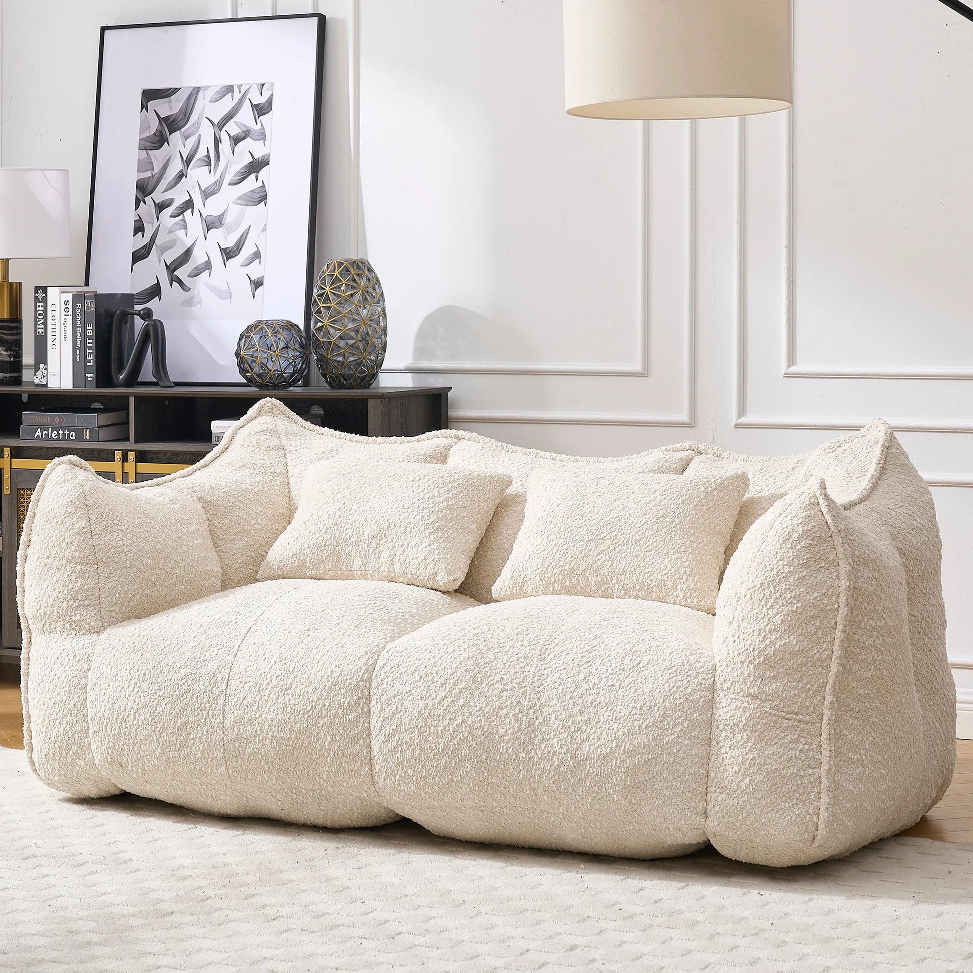 Comfortable Dual Beanbag Chair with High Resilience Foam Core for Two People in Beige Chenille detail view 6