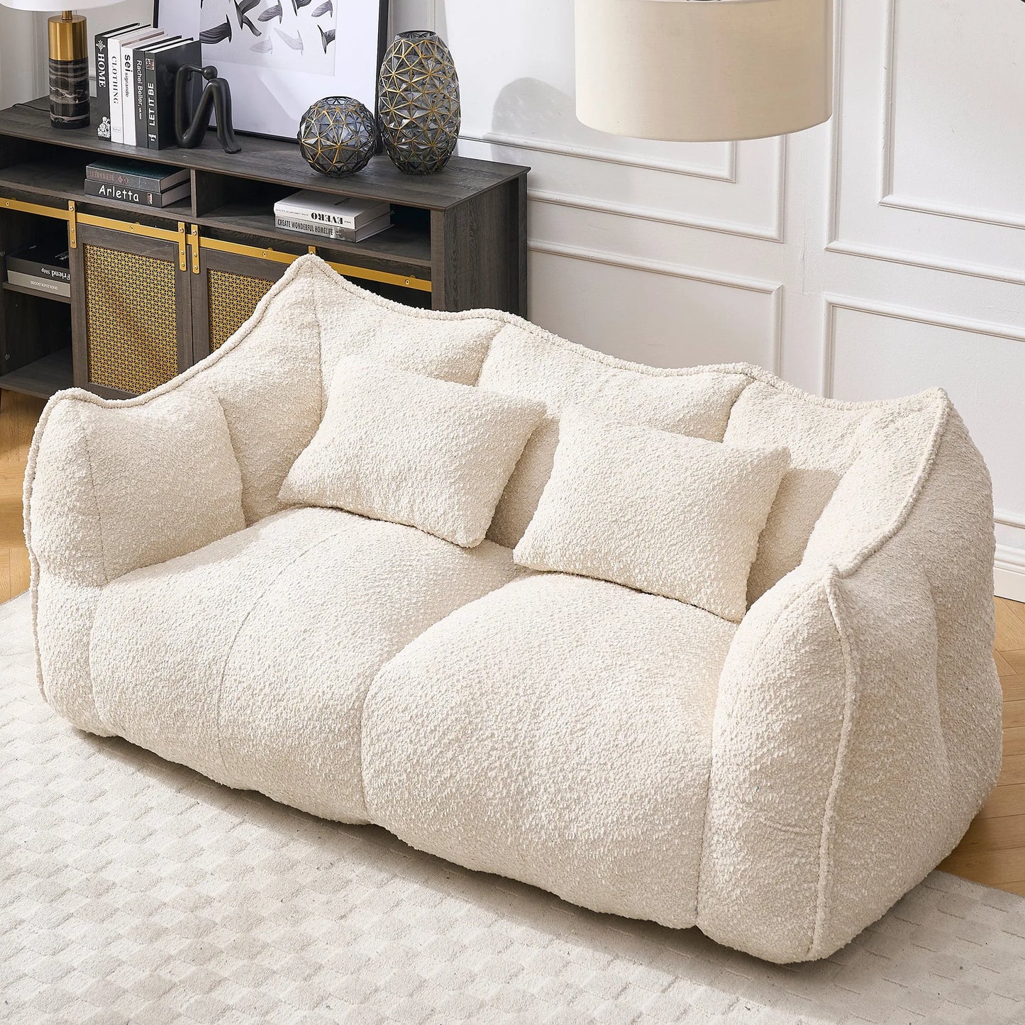 Comfortable Dual Beanbag Chair with High Resilience Foam Core for Two People in Beige Chenille detail view 7