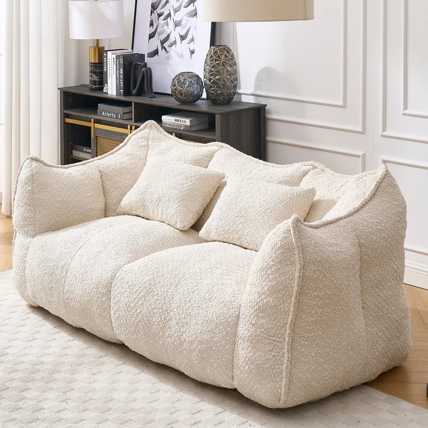 Comfortable Dual Beanbag Chair with High Resilience Foam Core for Two People in Beige Chenille detail view 8